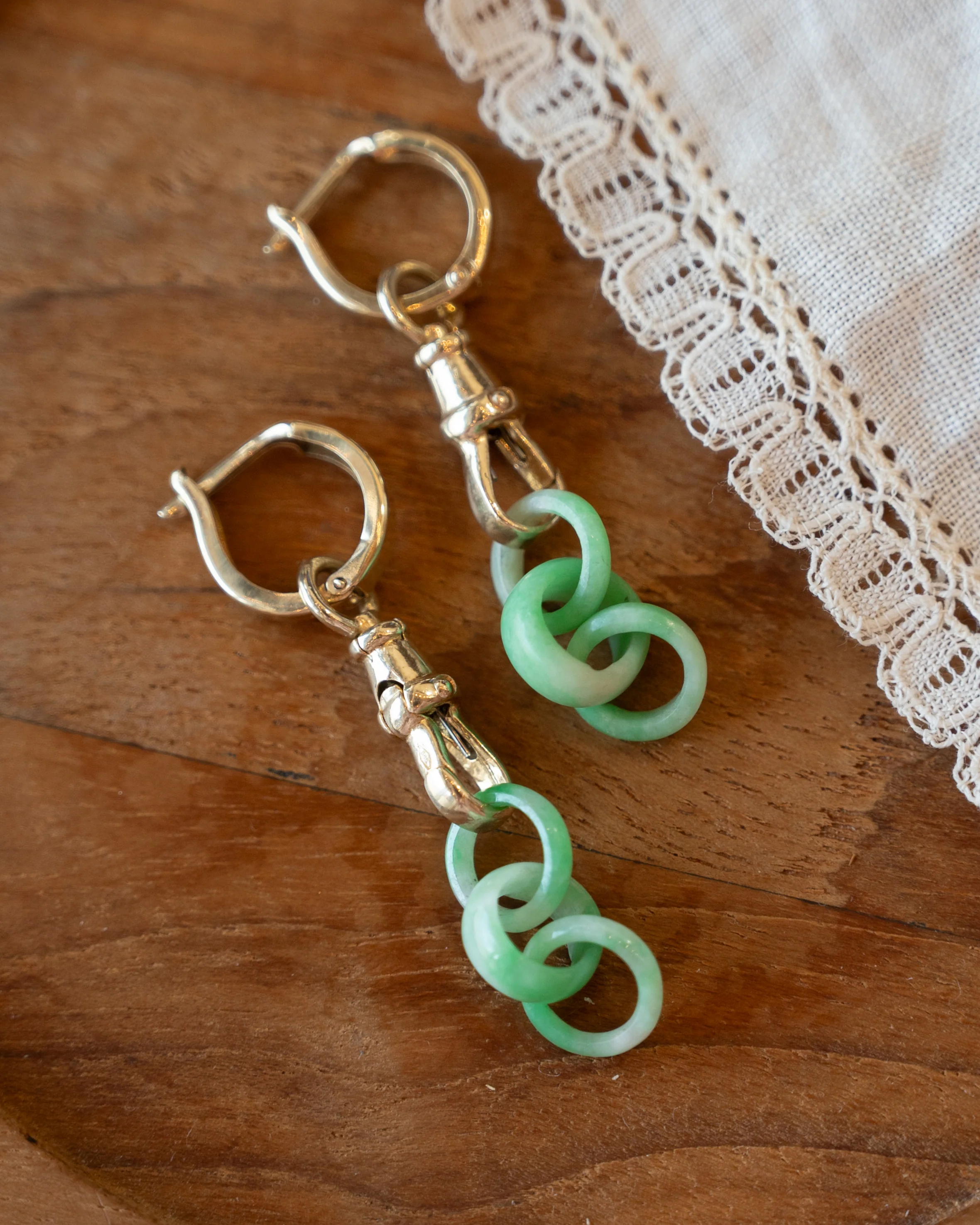 Carved Jadeite Drop Hoop Earrings 14k Yellow Gold - Image 4