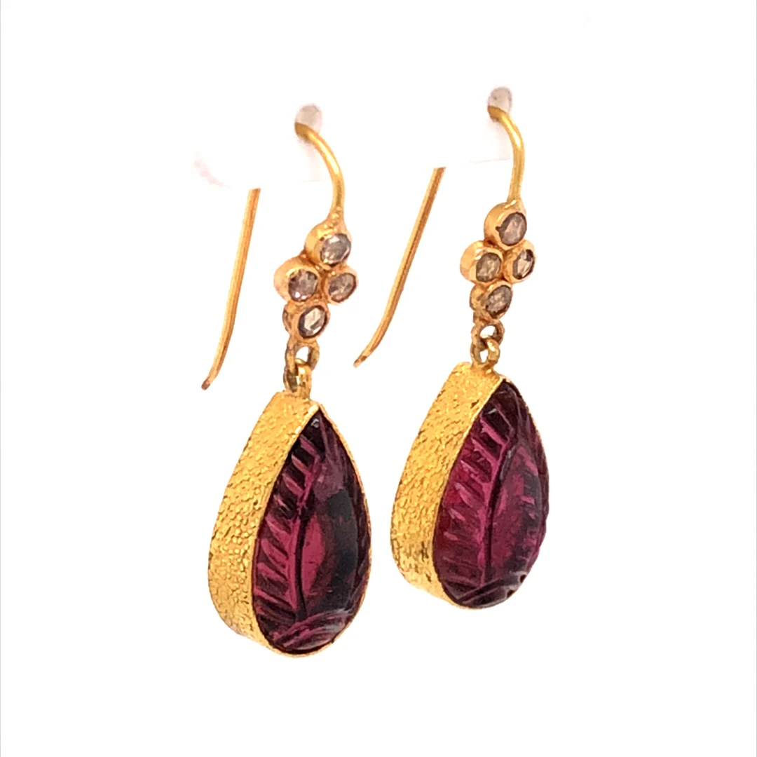 Carved Rubellite Drop Earrings in 18k Yellow Gold - Image 3