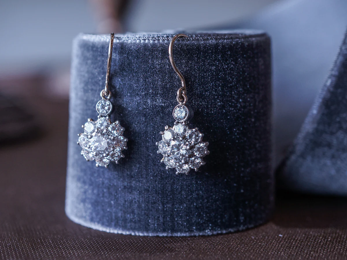 Cluster Diamond Dangle Earrings in Platinum & White Gold - Image 4