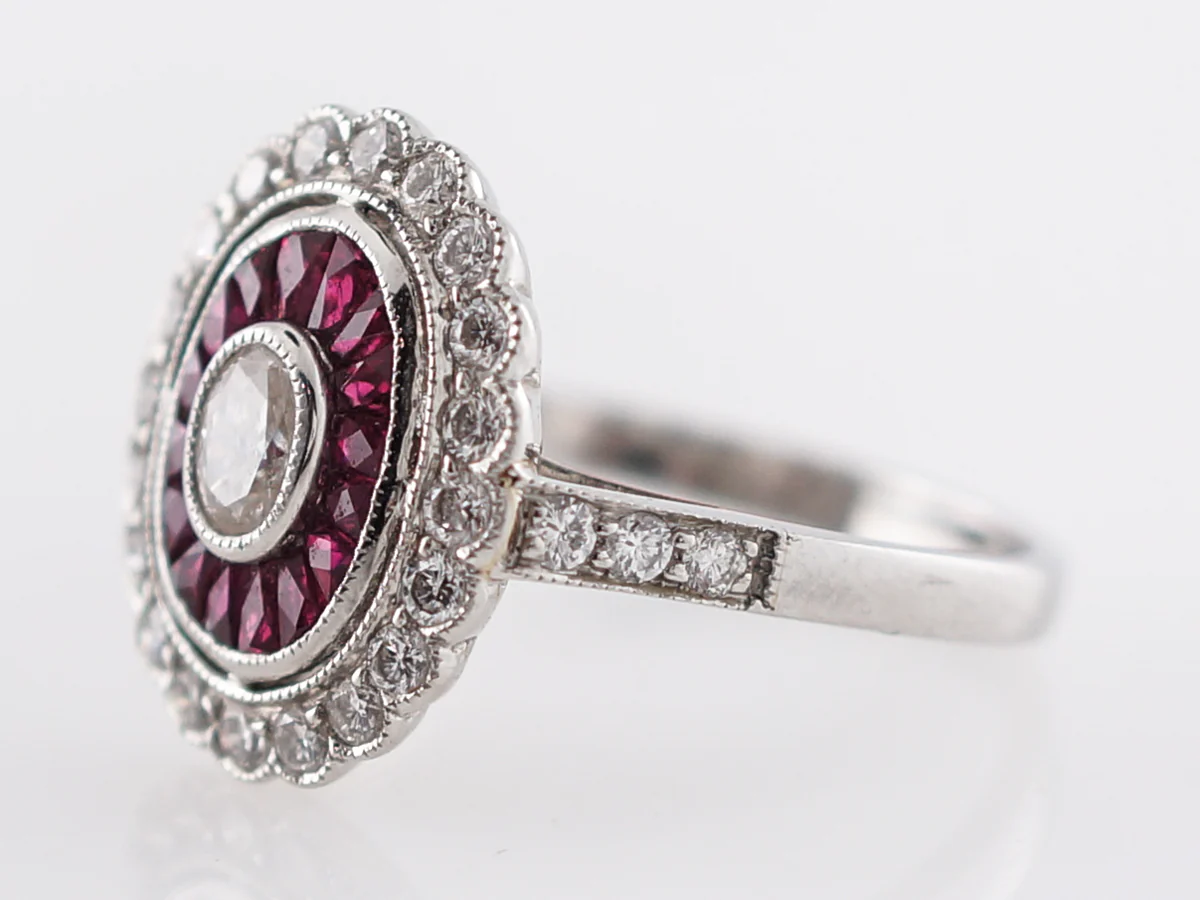 Cocktail Ring Modern .18 Oval Cut Diamond & French Cut Rubies in Platinum - Image 2