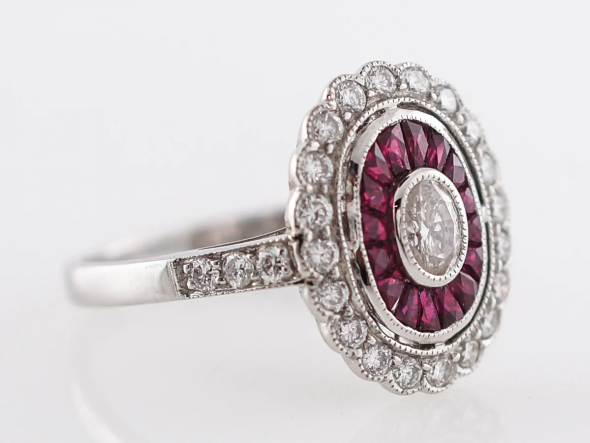 Cocktail Ring Modern .18 Oval Cut Diamond & French Cut Rubies in Platinum - Image 3