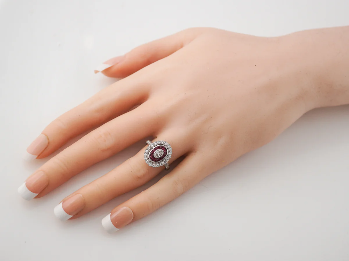 Cocktail Ring Modern .18 Oval Cut Diamond & French Cut Rubies in Platinum - Image 7