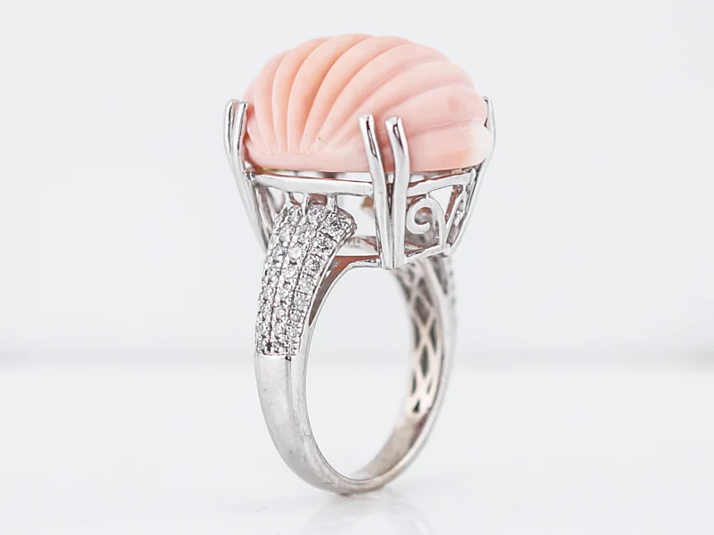 Cocktail Ring Modern 28.94 Carved Oval Coral in 14k White Gold - Image 5