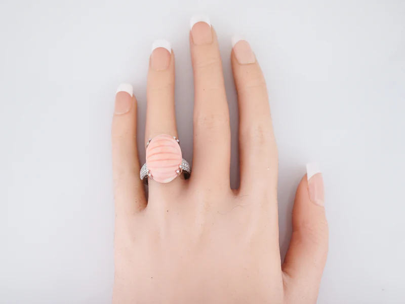Cocktail Ring Modern 28.94 Carved Oval Coral in 14k White Gold - Image 6
