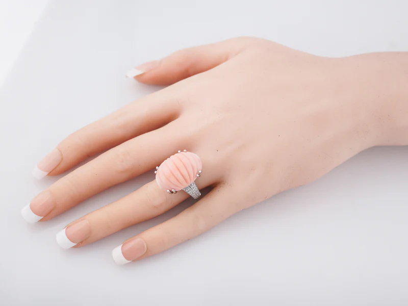 Cocktail Ring Modern 28.94 Carved Oval Coral in 14k White Gold - Image 7