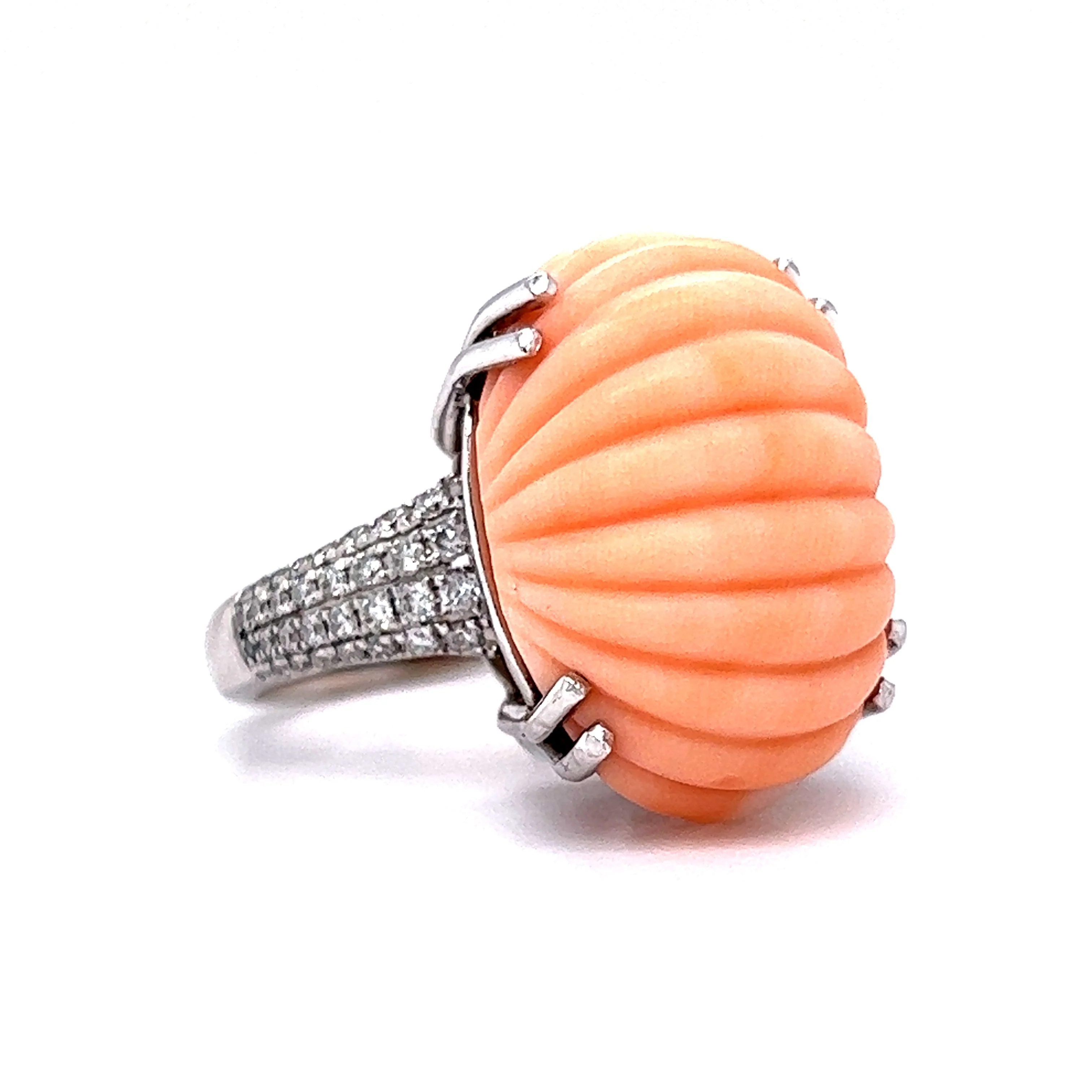 Modern Carved Oval Coral Cocktail Ring in 14k White Gold - Image 3