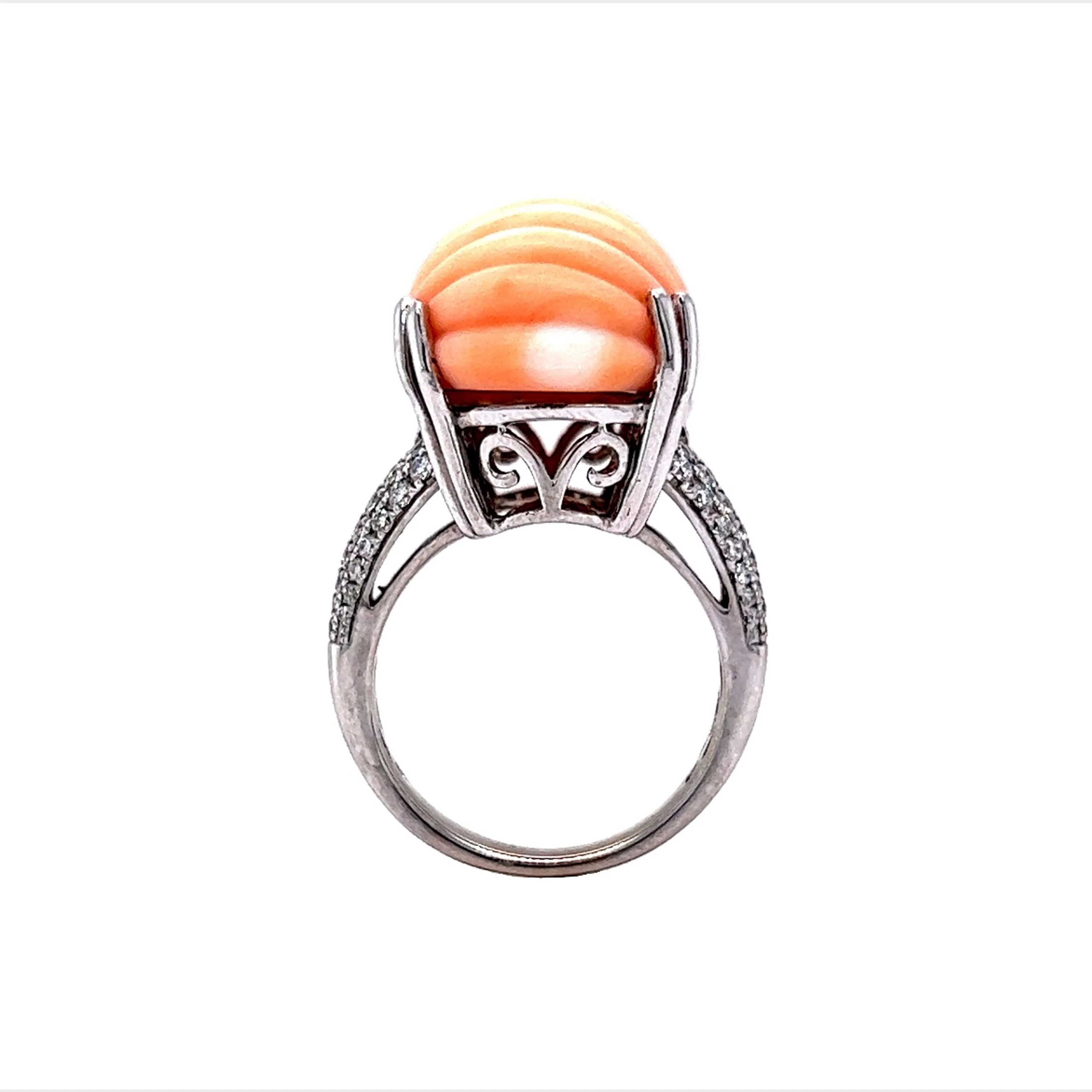 Modern Carved Oval Coral Cocktail Ring in 14k White Gold - Image 4
