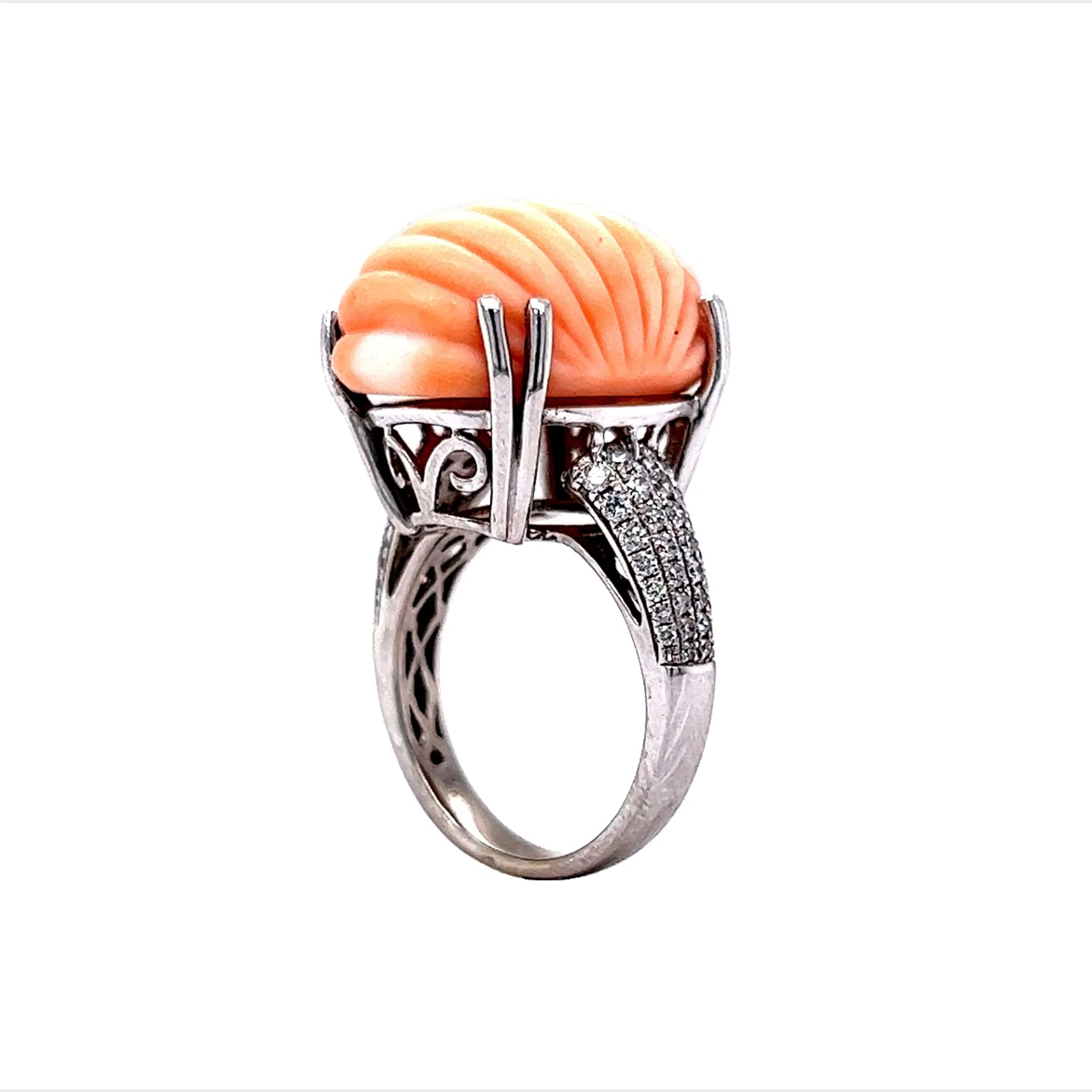 Modern Carved Oval Coral Cocktail Ring in 14k White Gold - Image 5