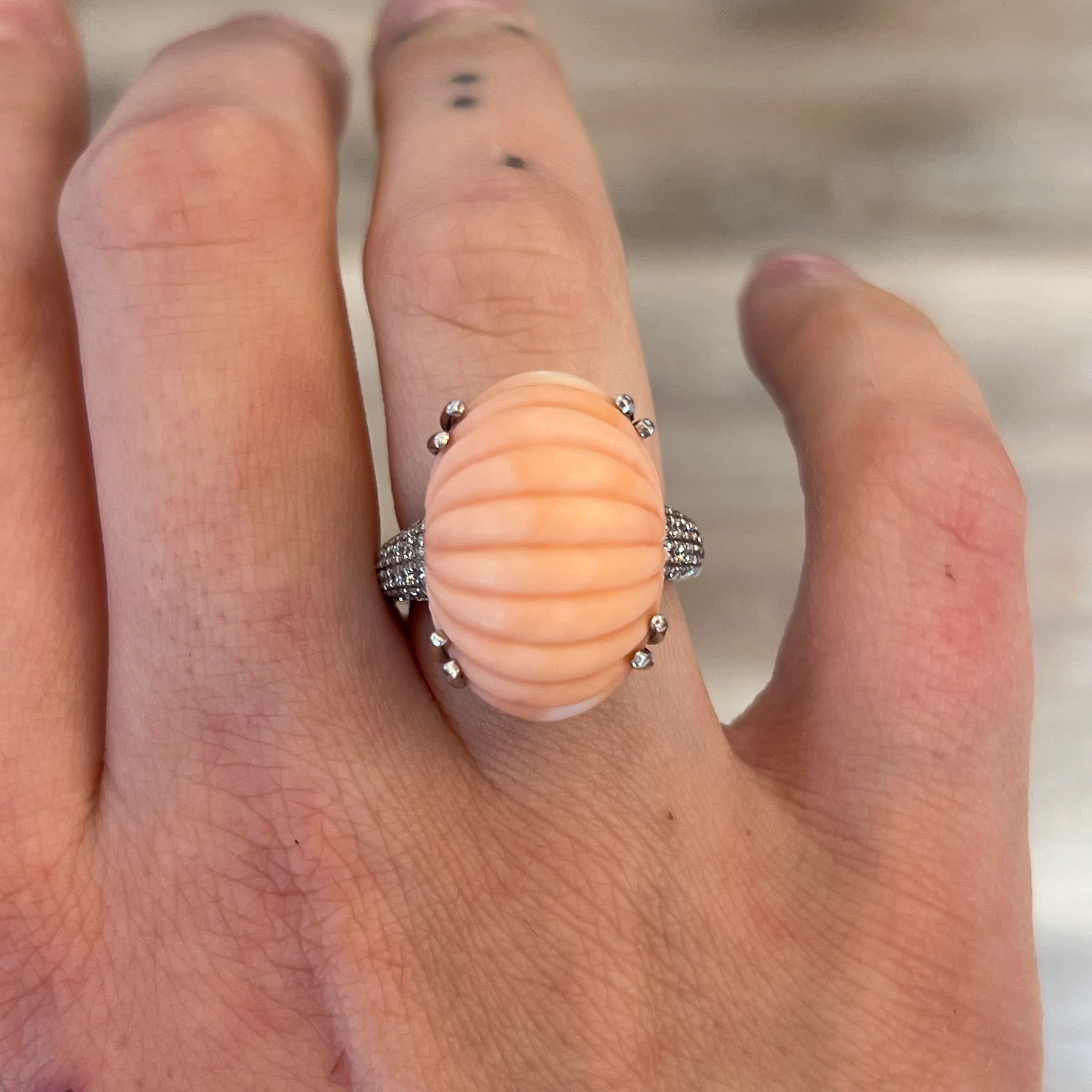 Modern Carved Oval Coral Cocktail Ring in 14k White Gold - Image 6