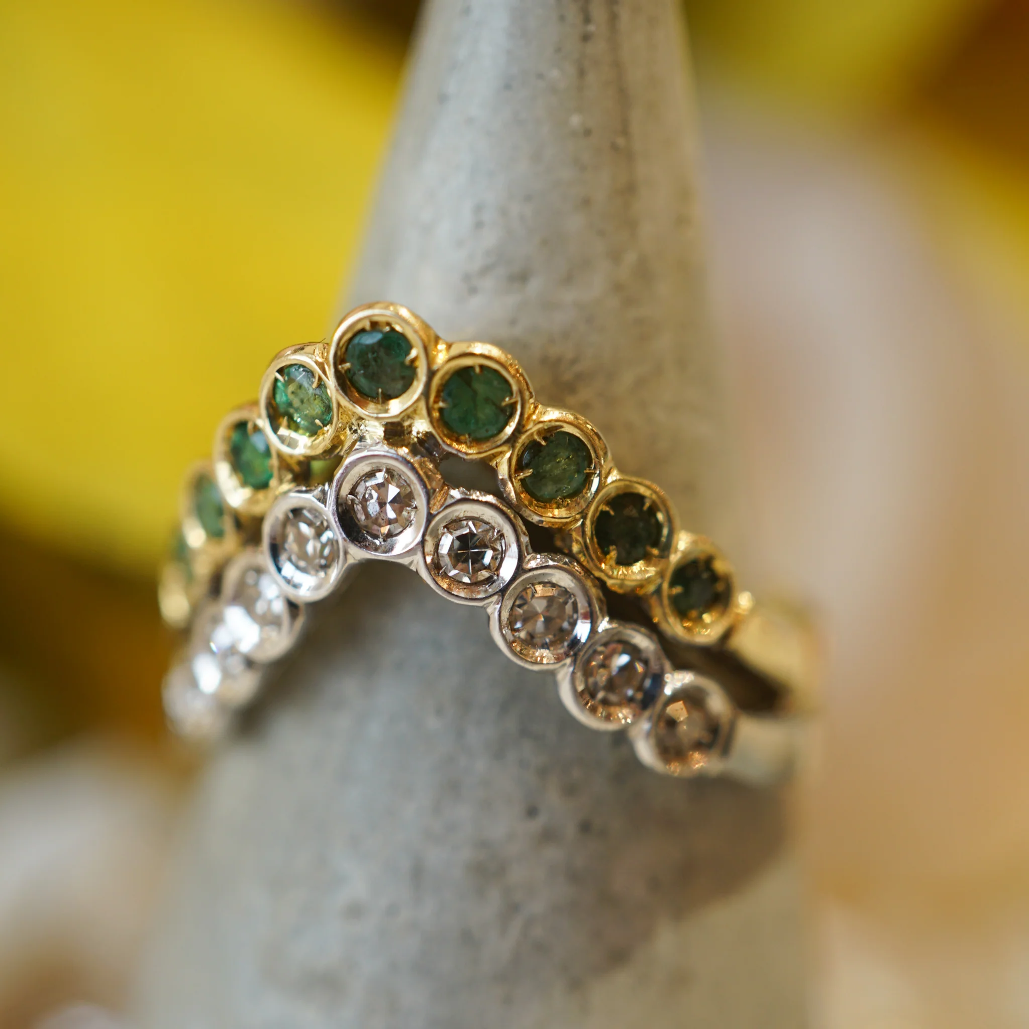 Contoured Bezel Set Emerald & Diamond Band in 18k Gold - Image 5