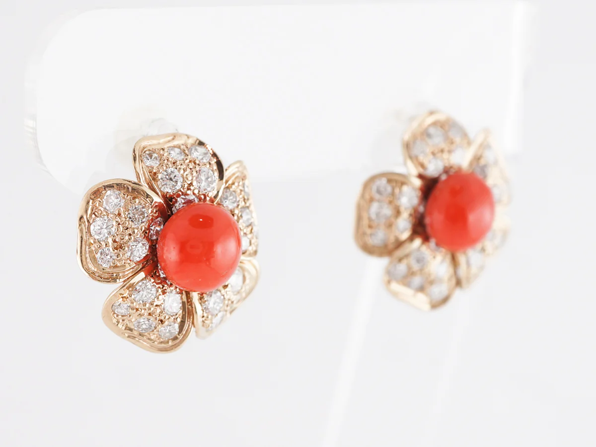 Coral and Diamond Flower Earrings in 14k Yellow Gold - Image 2