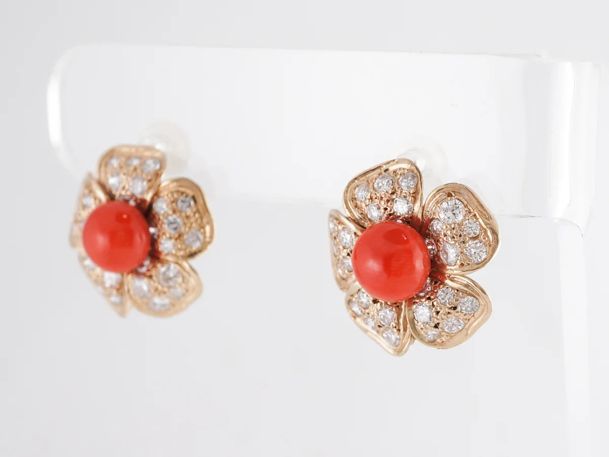 Coral and Diamond Flower Earrings in 14k Yellow Gold - Image 3