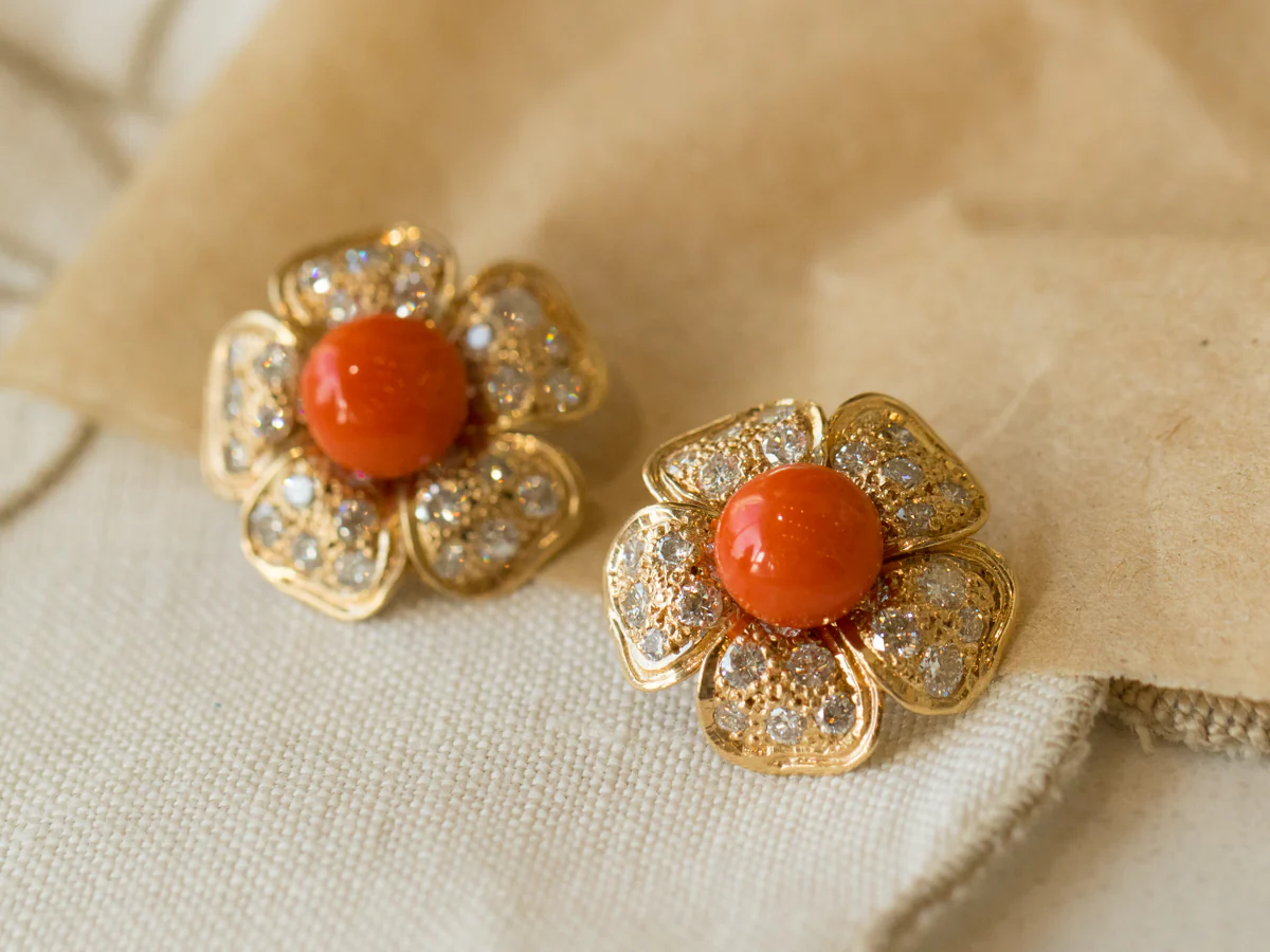 Coral and Diamond Flower Earrings in 14k Yellow Gold - Image 4