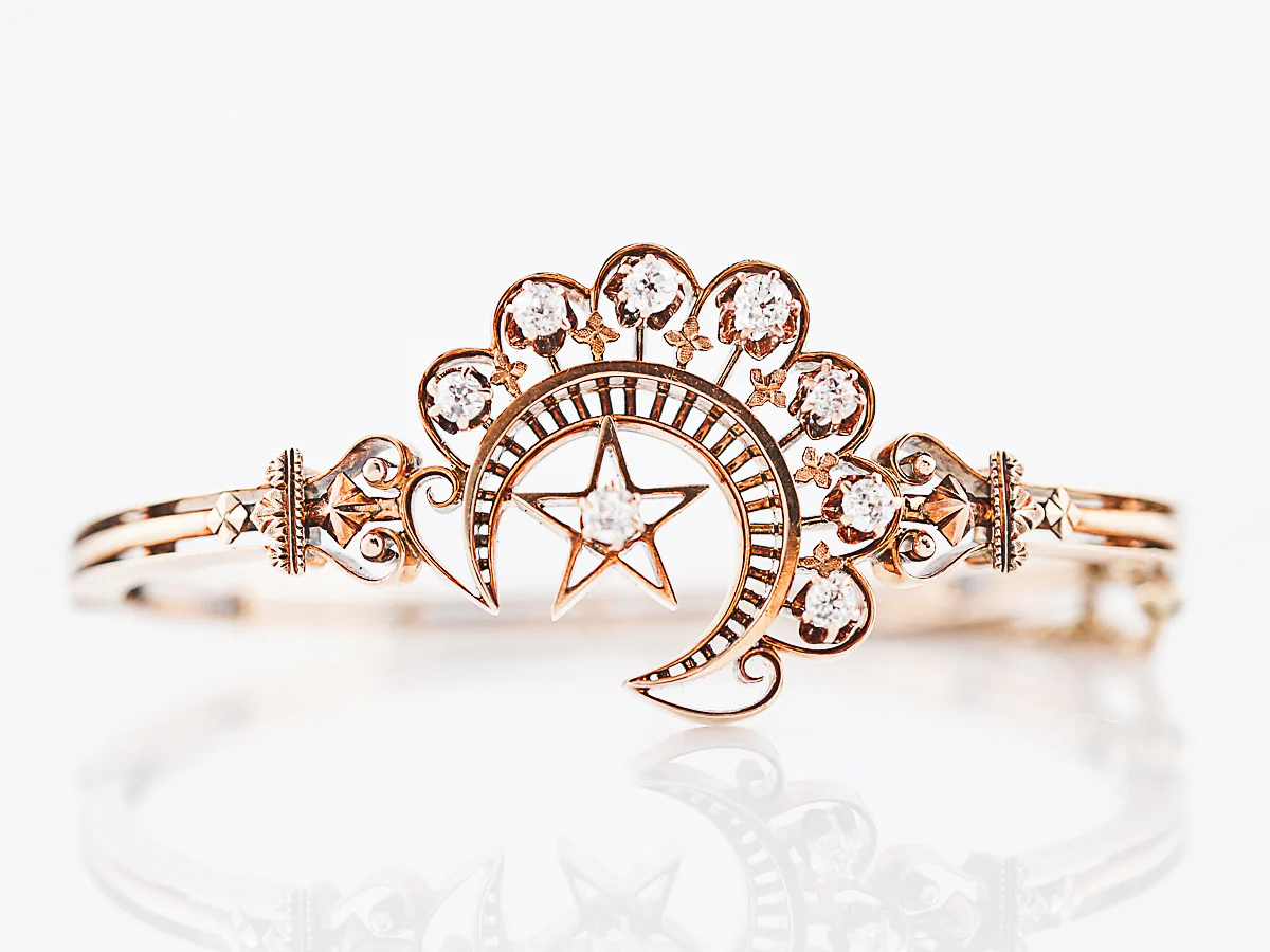 Crescent Moon Bangle Bracelet Victorian .56 Old European Cut Diamonds in 14K Rose Gold