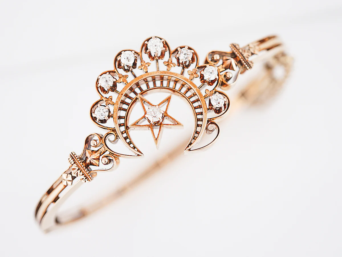 Crescent Moon Bangle Bracelet Victorian .56 Old European Cut Diamonds in 14K Rose Gold - Image 6
