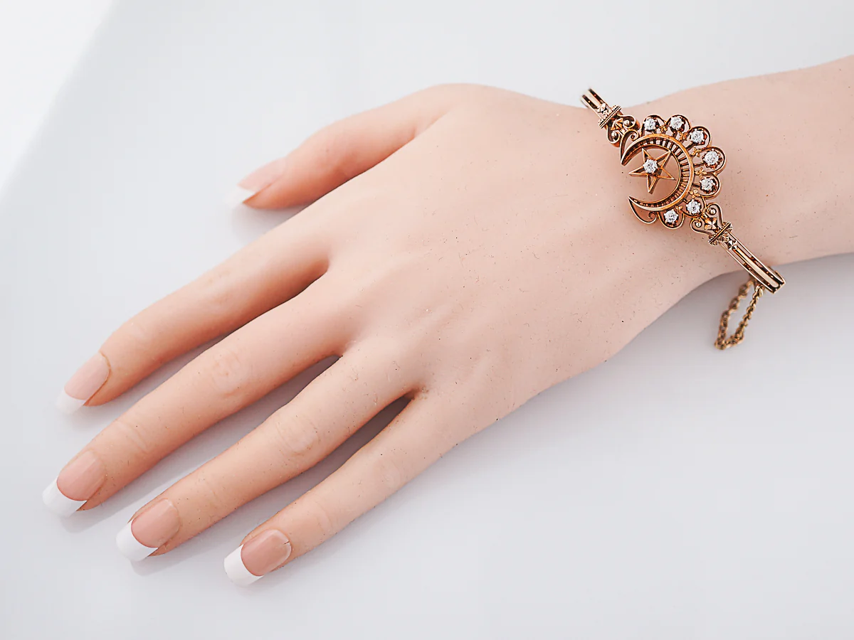 Crescent Moon Bangle Bracelet Victorian .56 Old European Cut Diamonds in 14K Rose Gold - Image 8