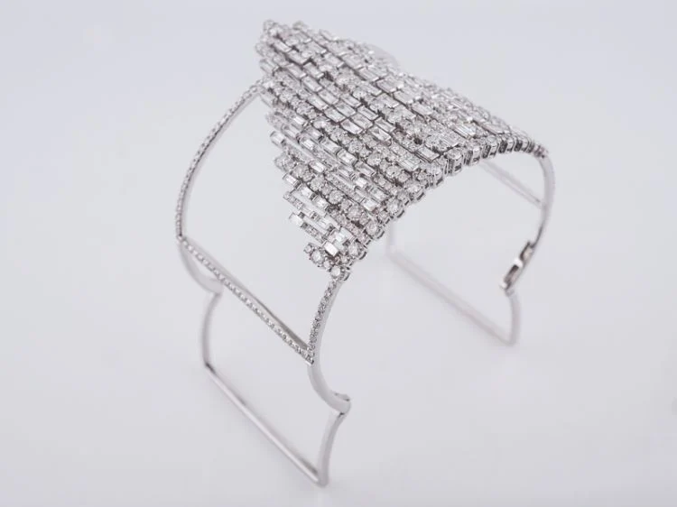 Cuff Bangle Bracelet Modern 7.35 Round Brilliant & Baguette Cut Diamonds in 18k White Gold - Image 5