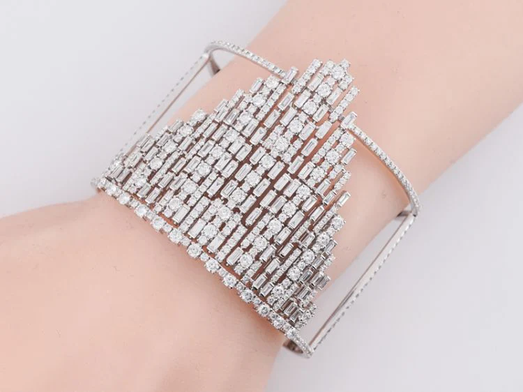 Cuff Bangle Bracelet Modern 7.35 Round Brilliant & Baguette Cut Diamonds in 18k White Gold - Image 8