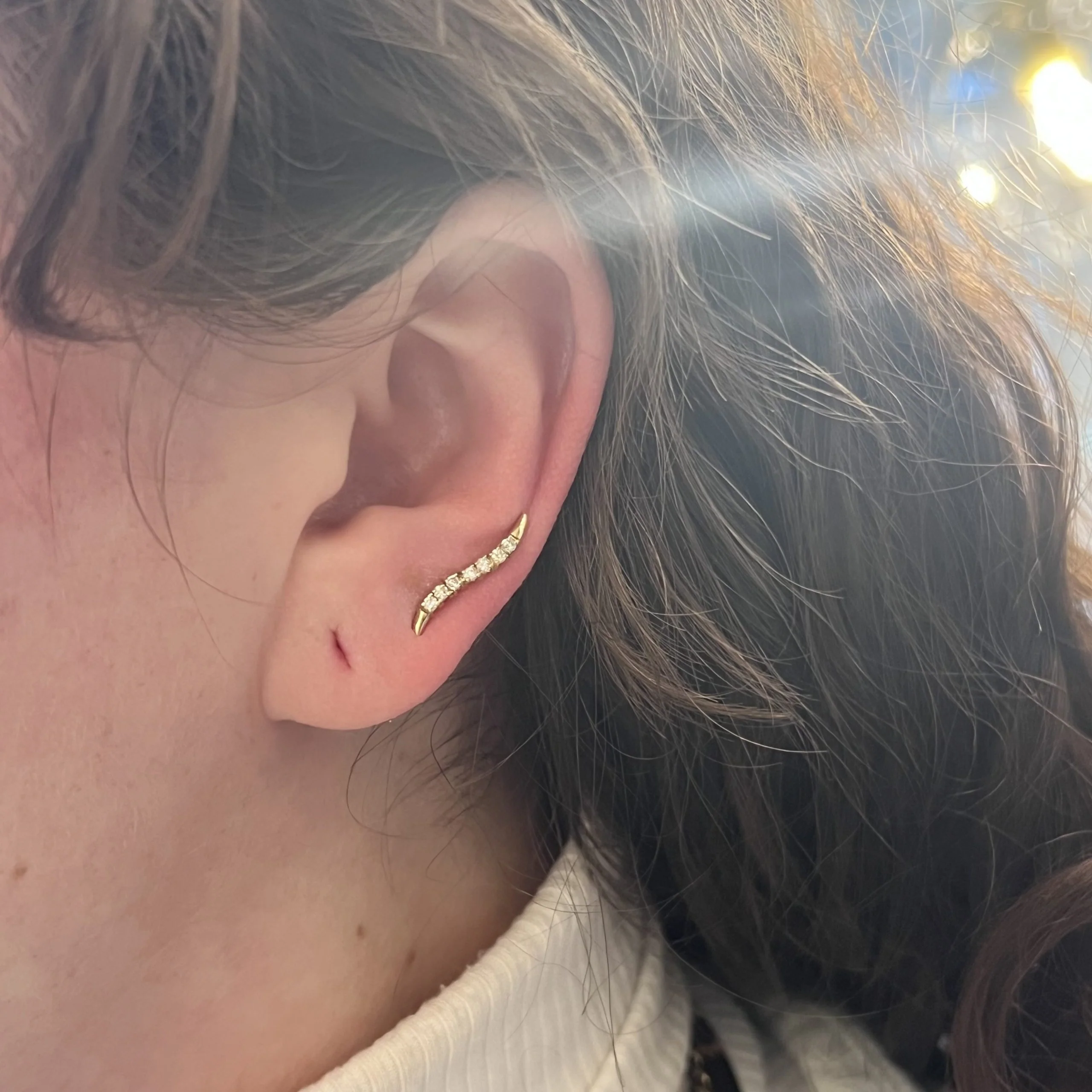 Curved Diamond Bar Drop or Climber Earrings in 14k Yellow Gold - Image 4