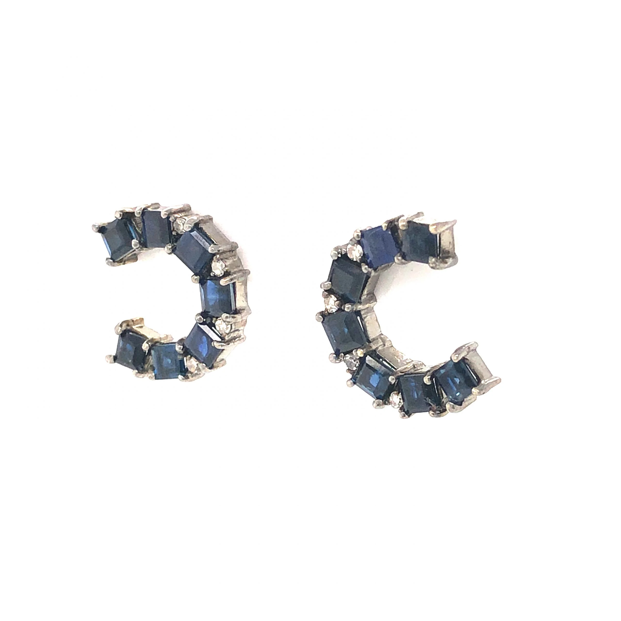 Curved Sapphire & Diamond Stud Earrings in Sterling Silver - Image 2