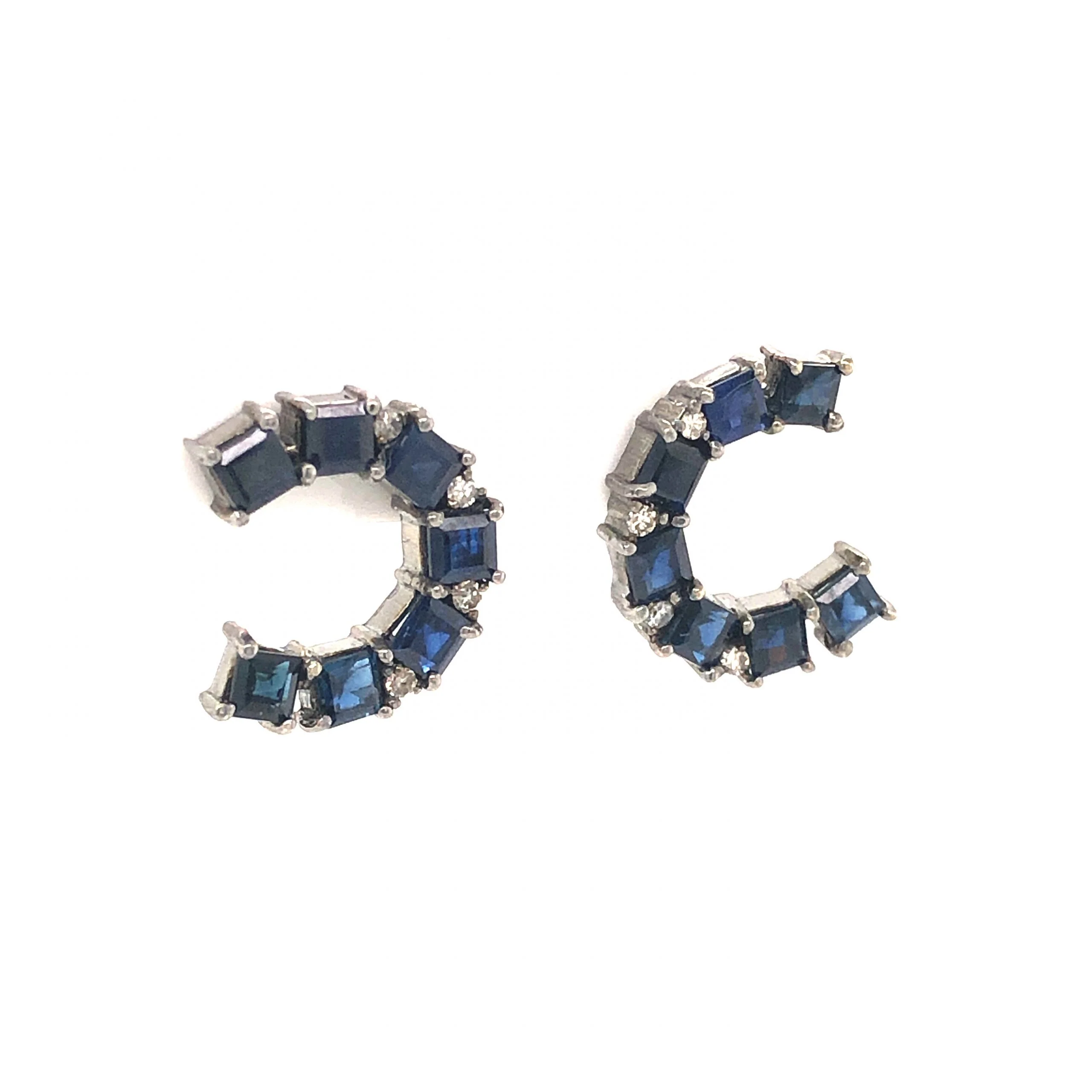 Curved Sapphire & Diamond Stud Earrings in Sterling Silver - Image 3