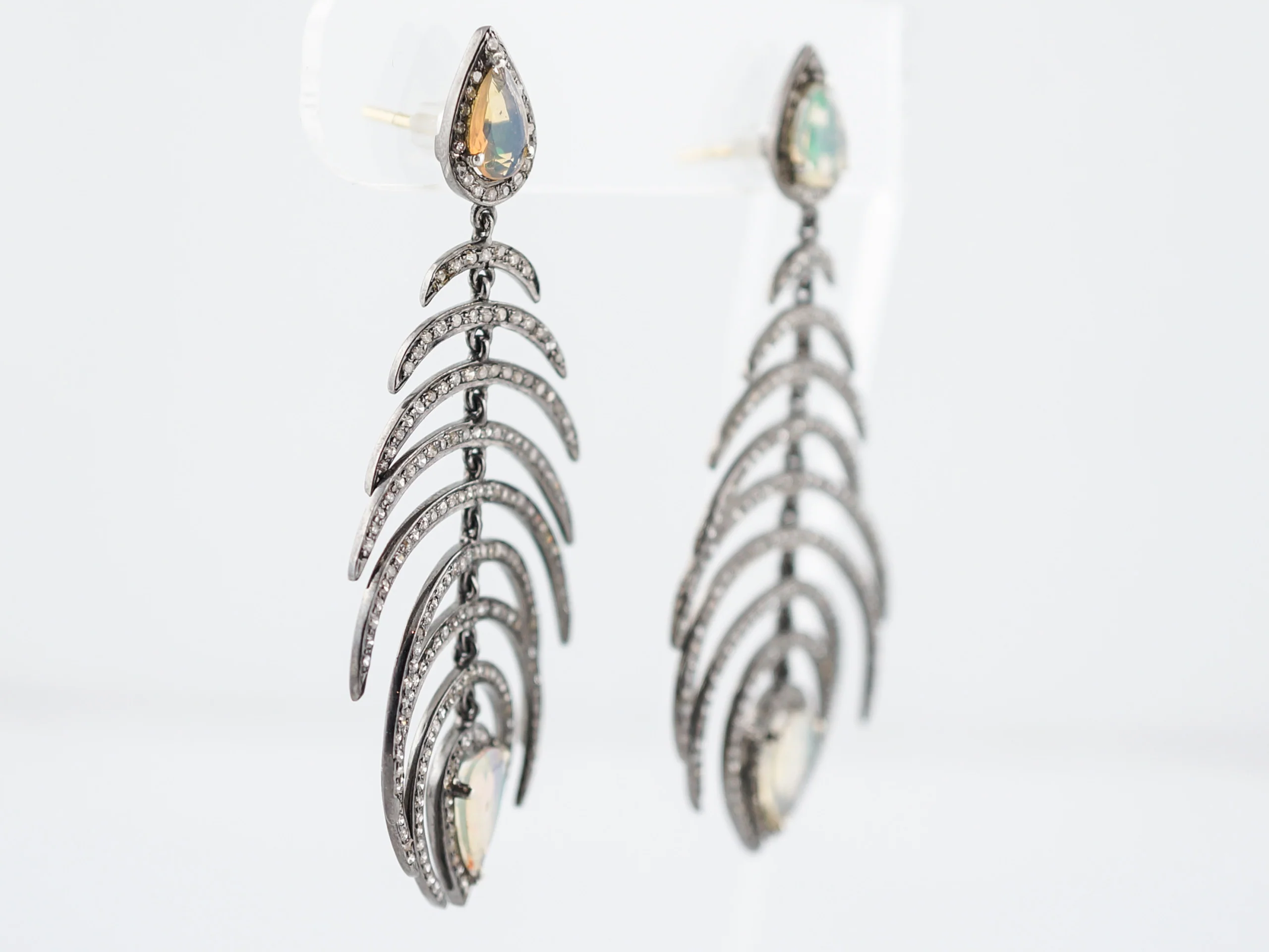 Dangle Drop Earrings Modern 2.29 Single Cut Diamonds & 2.48 Pear Cut Opals in Sterling Silver - Image 2