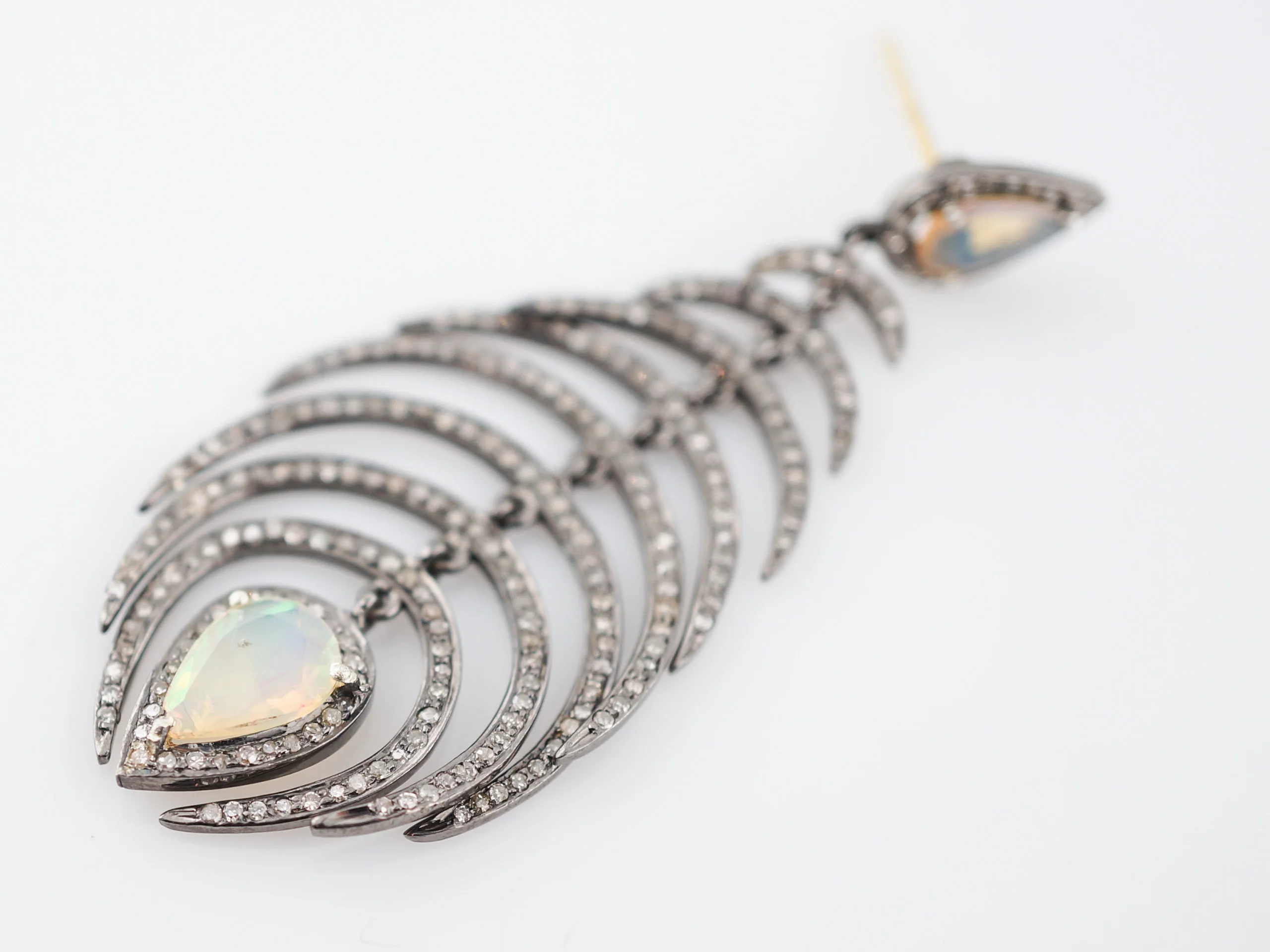Dangle Drop Earrings Modern 2.29 Single Cut Diamonds & 2.48 Pear Cut Opals in Sterling Silver - Image 3