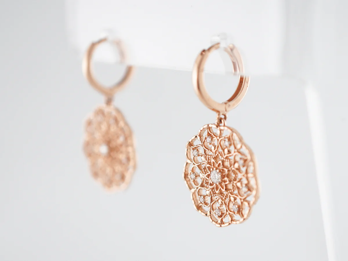 Dangle Drop Earrings Modern .26 Round Brilliant Cut Diamonds in 18K Rose Gold - Image 2