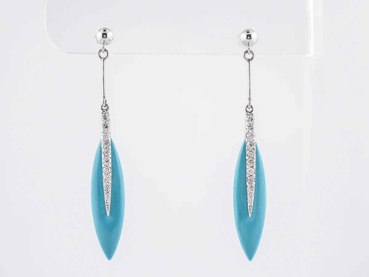 Dangle Drop Earrings Modern 4.20 Turquoise & .35 Round Brilliant Cut Diamonds in 18k White Gold - Image 2