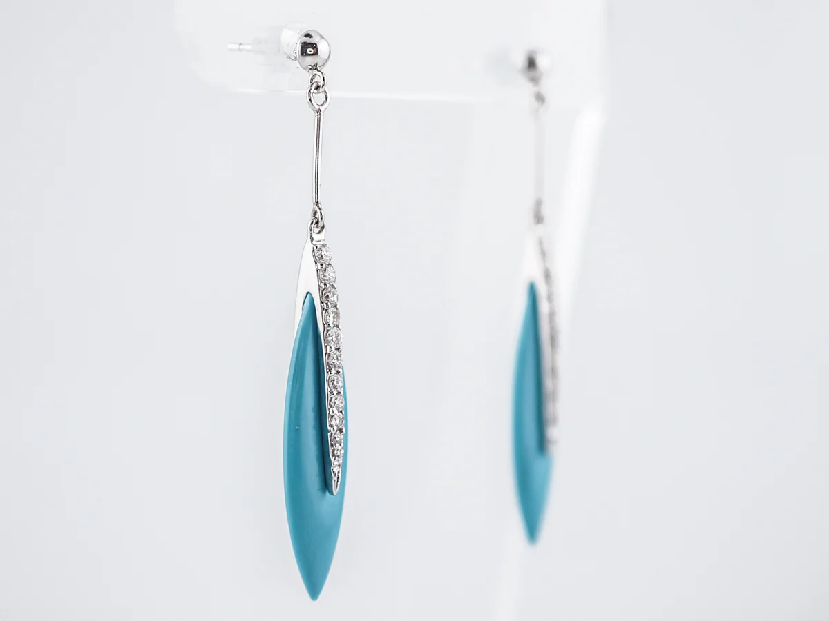 Dangle Drop Earrings Modern 4.20 Turquoise & .35 Round Brilliant Cut Diamonds in 18k White Gold - Image 3