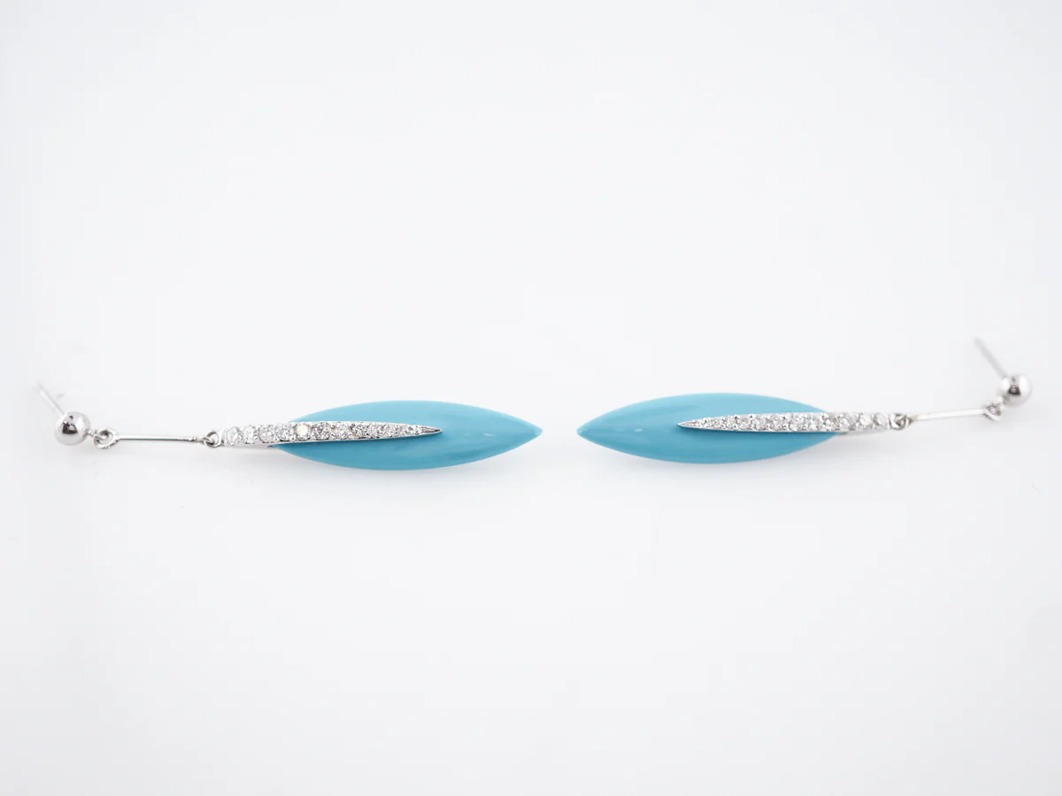 Dangle Drop Earrings Modern 4.20 Turquoise & .35 Round Brilliant Cut Diamonds in 18k White Gold - Image 4
