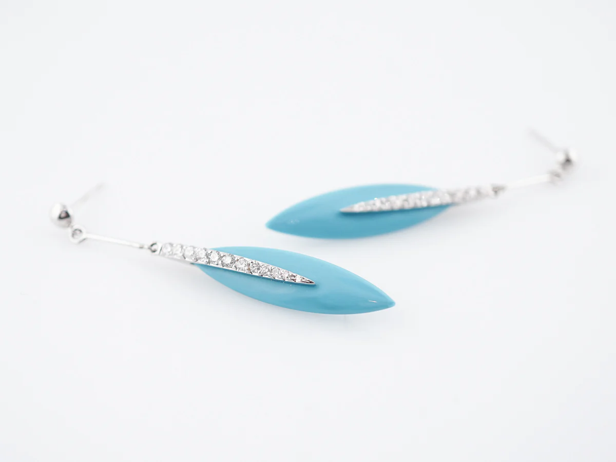 Dangle Drop Earrings Modern 4.20 Turquoise & .35 Round Brilliant Cut Diamonds in 18k White Gold - Image 5