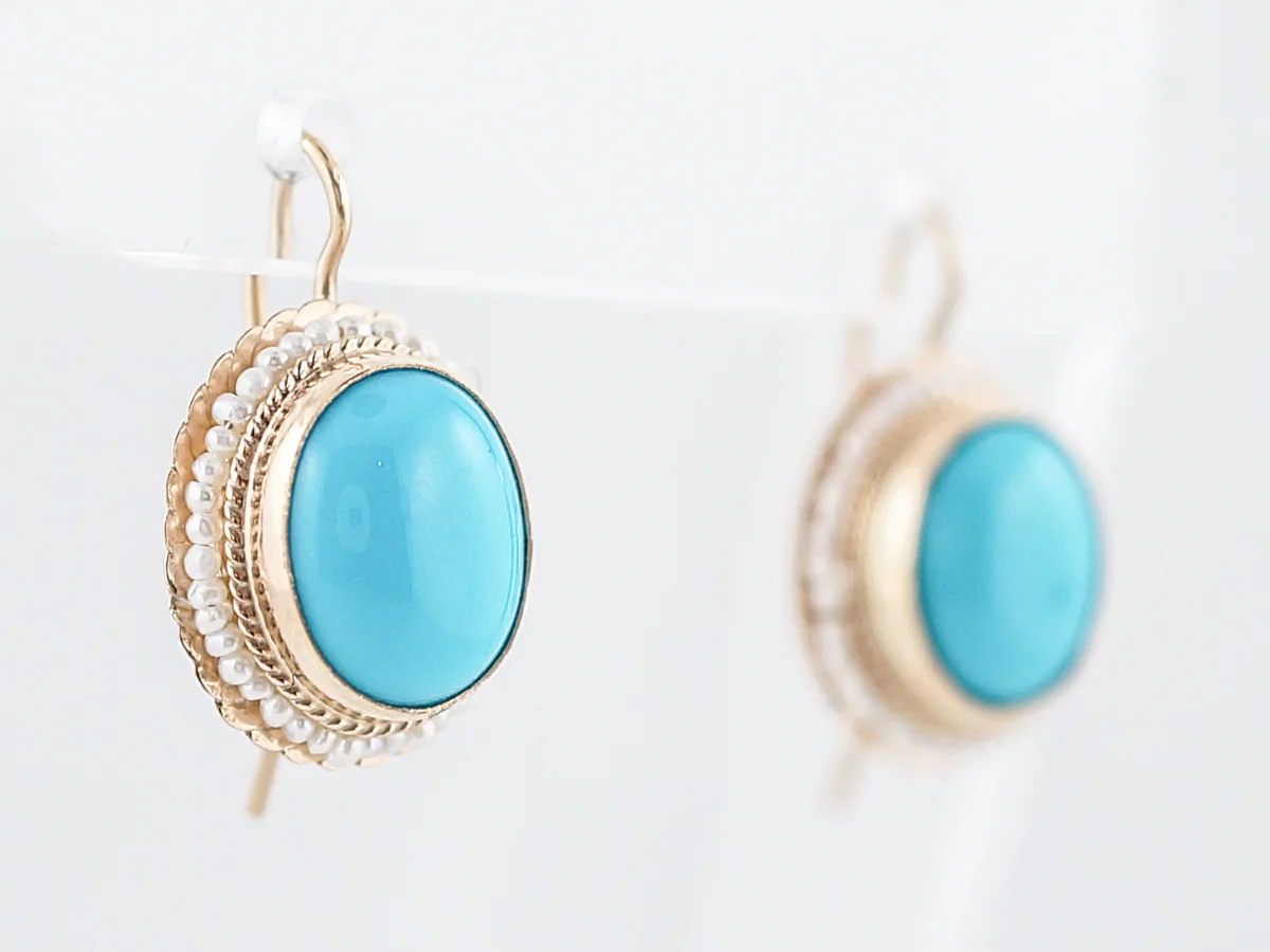 Dangle Drop Earrings Modern 5.48 Cabochon Cut Turquoise & Seed Pearls in 14k Yellow Gold - Image 2