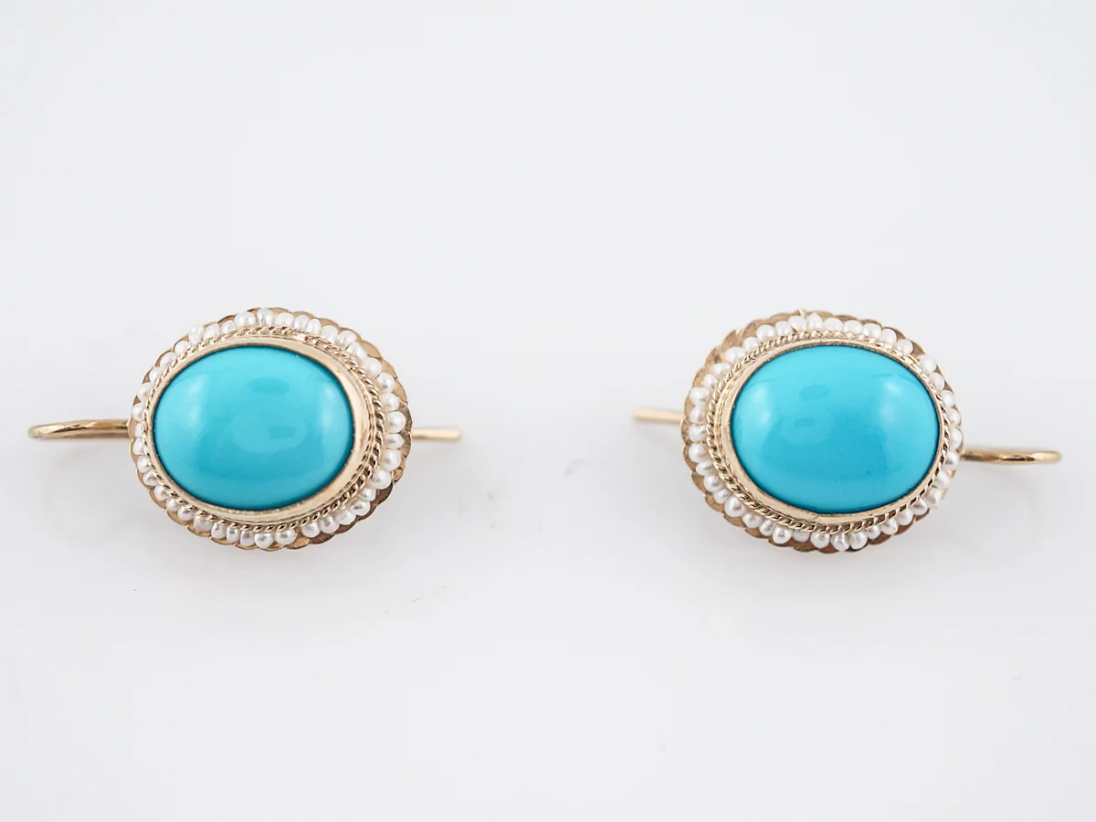 Dangle Drop Earrings Modern 5.48 Cabochon Cut Turquoise & Seed Pearls in 14k Yellow Gold - Image 3