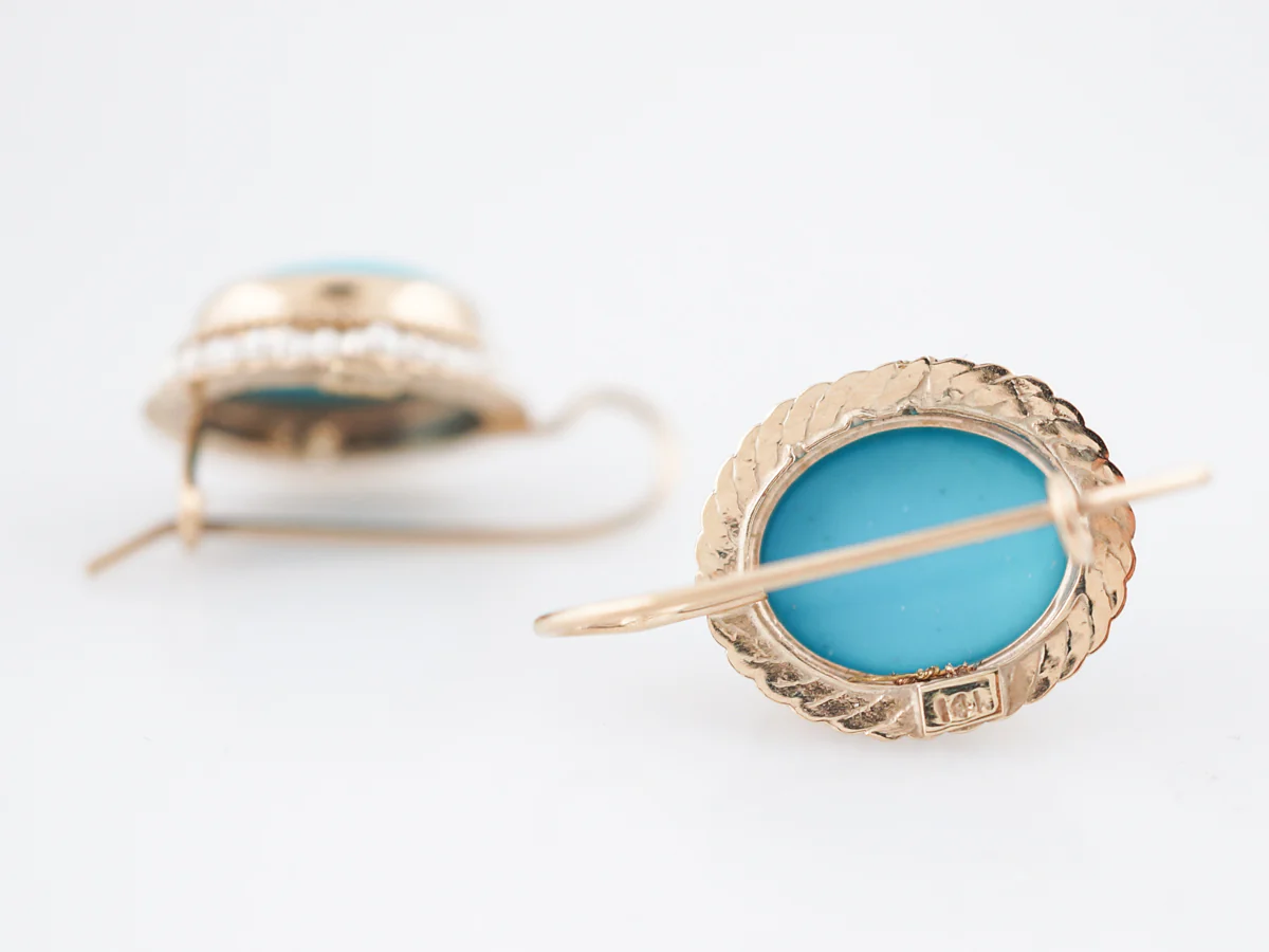 Dangle Drop Earrings Modern 5.48 Cabochon Cut Turquoise & Seed Pearls in 14k Yellow Gold - Image 4