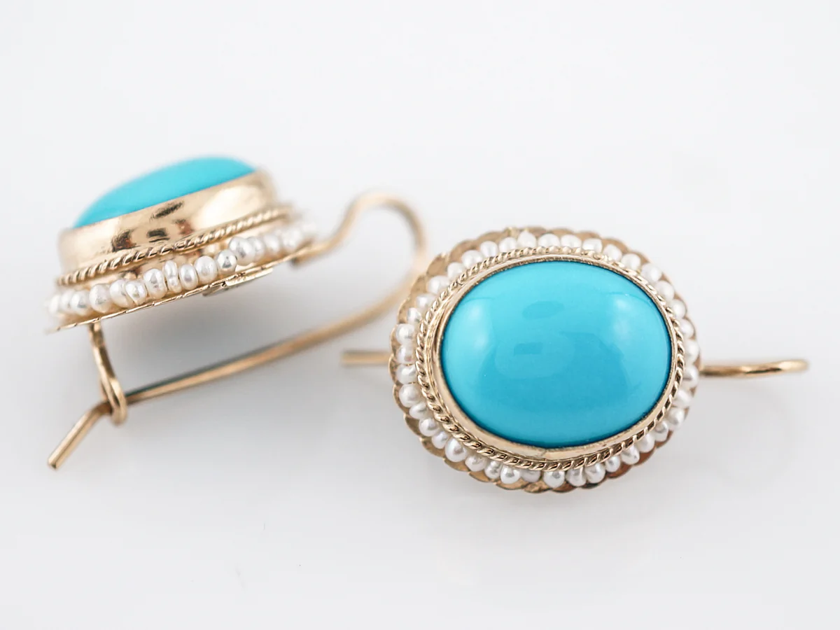 Dangle Drop Earrings Modern 5.48 Cabochon Cut Turquoise & Seed Pearls in 14k Yellow Gold - Image 5