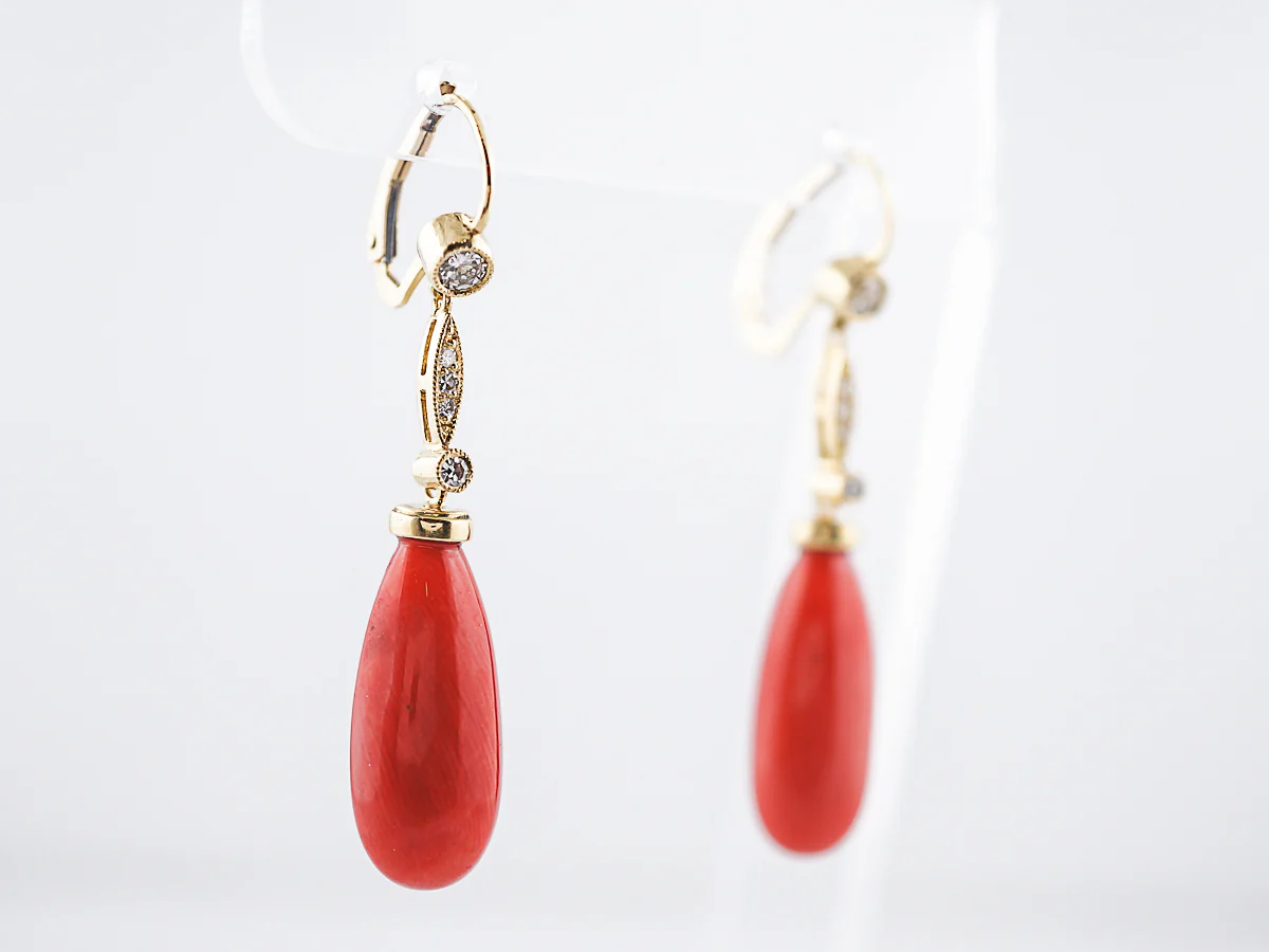 ***RTV***Dangle Drop Earrings Modern Cabochon Cut Coral & .31 Round Brilliant Cut Diamonds in 18k Yellow Gold - Image 2