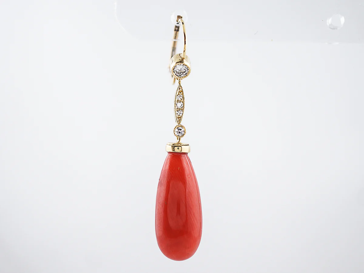 ***RTV***Dangle Drop Earrings Modern Cabochon Cut Coral & .31 Round Brilliant Cut Diamonds in 18k Yellow Gold - Image 3