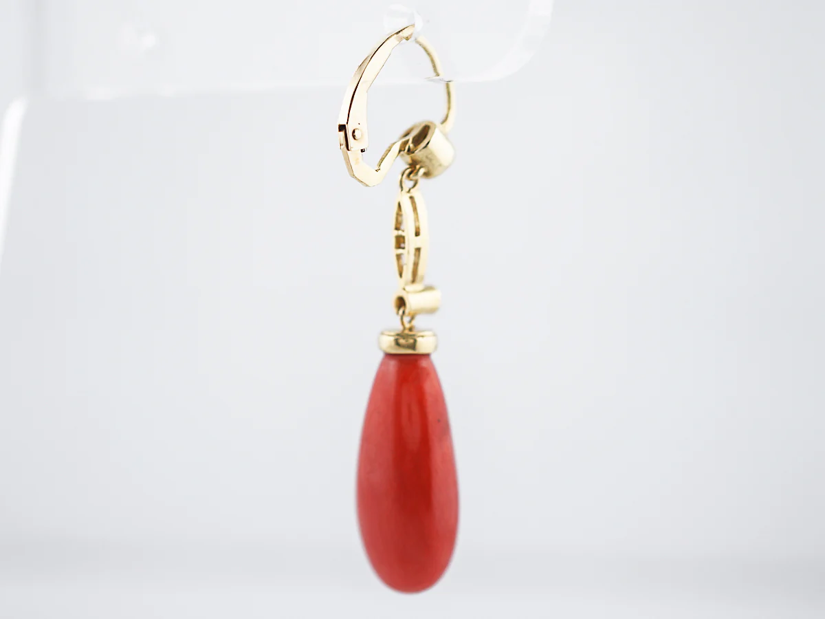 ***RTV***Dangle Drop Earrings Modern Cabochon Cut Coral & .31 Round Brilliant Cut Diamonds in 18k Yellow Gold - Image 4