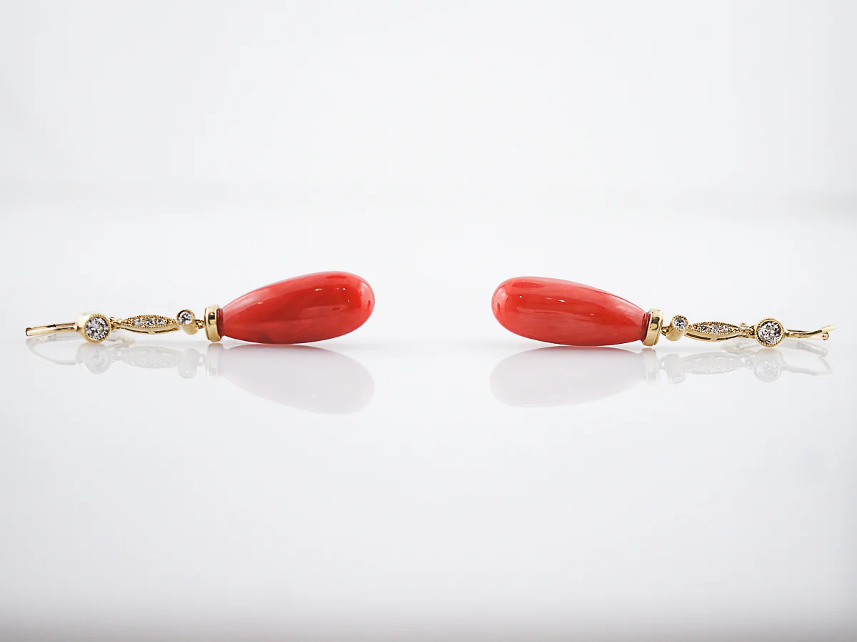 ***RTV***Dangle Drop Earrings Modern Cabochon Cut Coral & .31 Round Brilliant Cut Diamonds in 18k Yellow Gold - Image 5