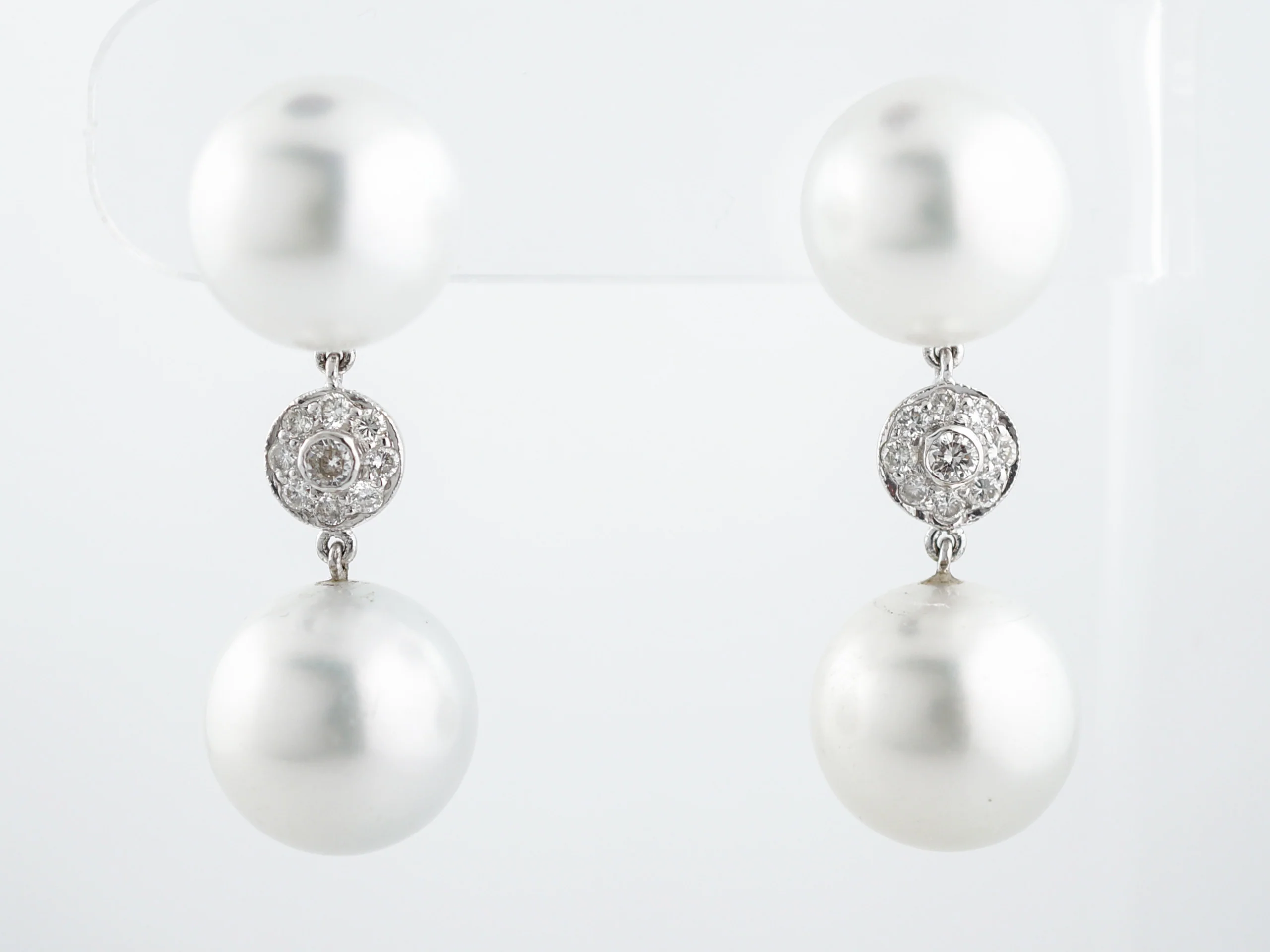 ***RTV***Dangle Drop Earrings Modern Pearls & .58 Round Brilliant Cut Diamonds in 18K White Gold