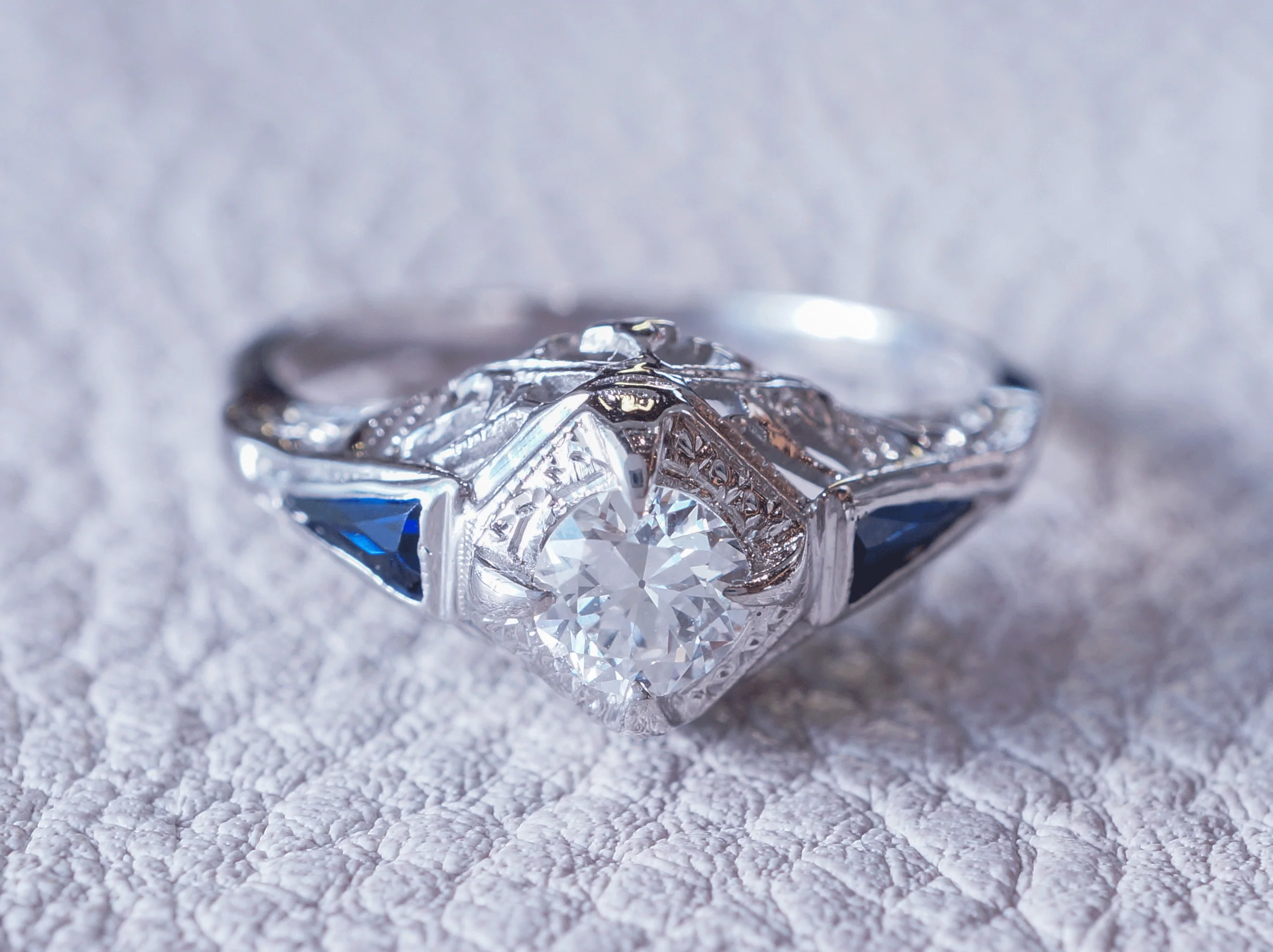 Deco Diamond & Sapphire Engagement in 14k White Gold - Image 6
