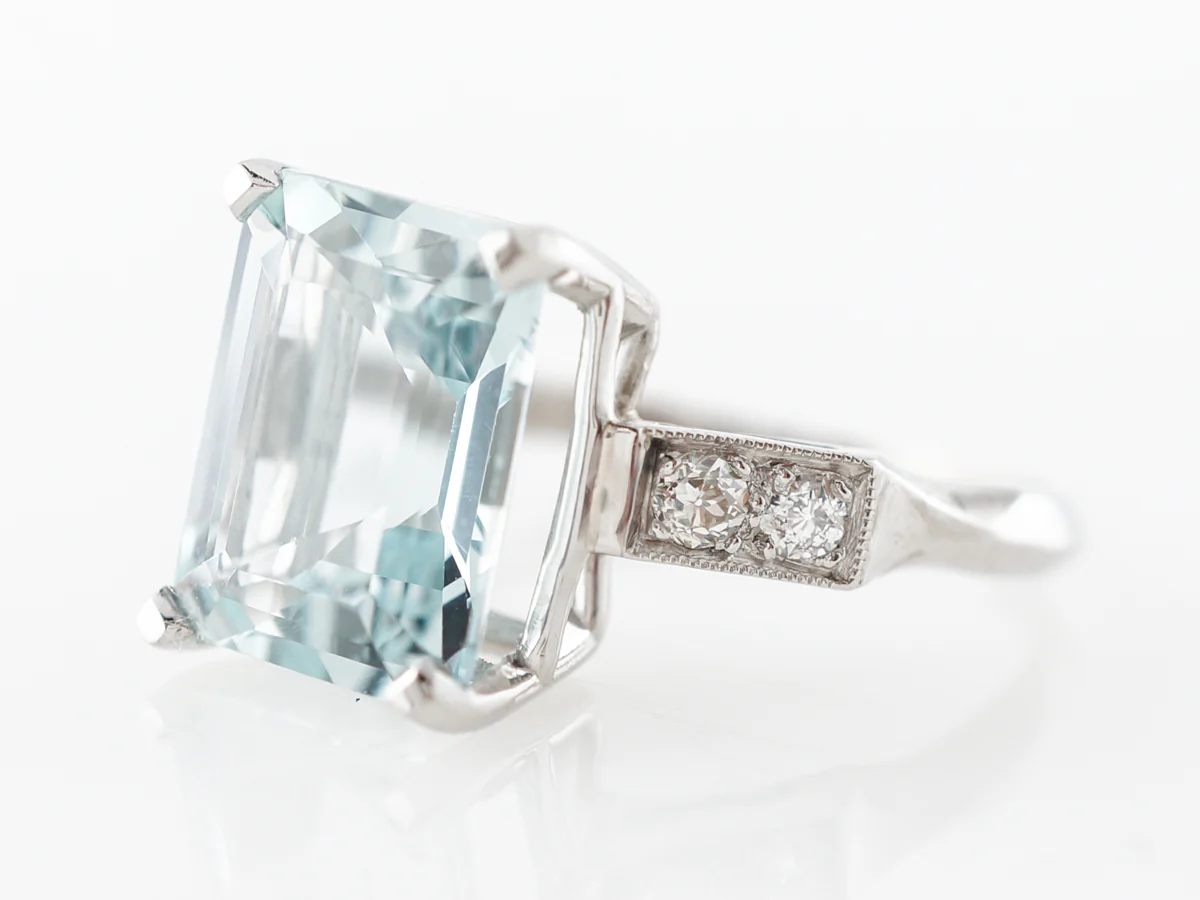 Deco Emerald Cut Aquamarine & Diamond Ring in Platinum - Image 2