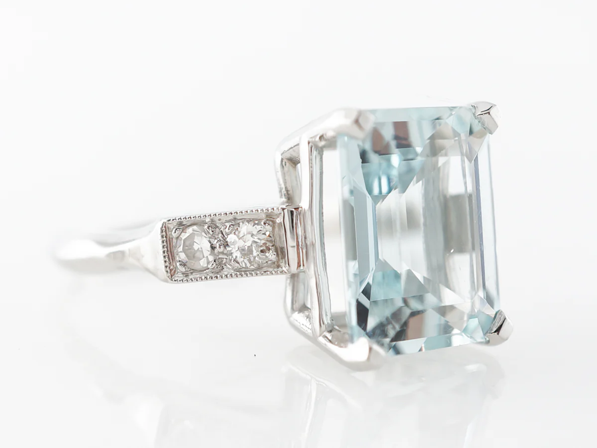 Deco Emerald Cut Aquamarine & Diamond Ring in Platinum - Image 3