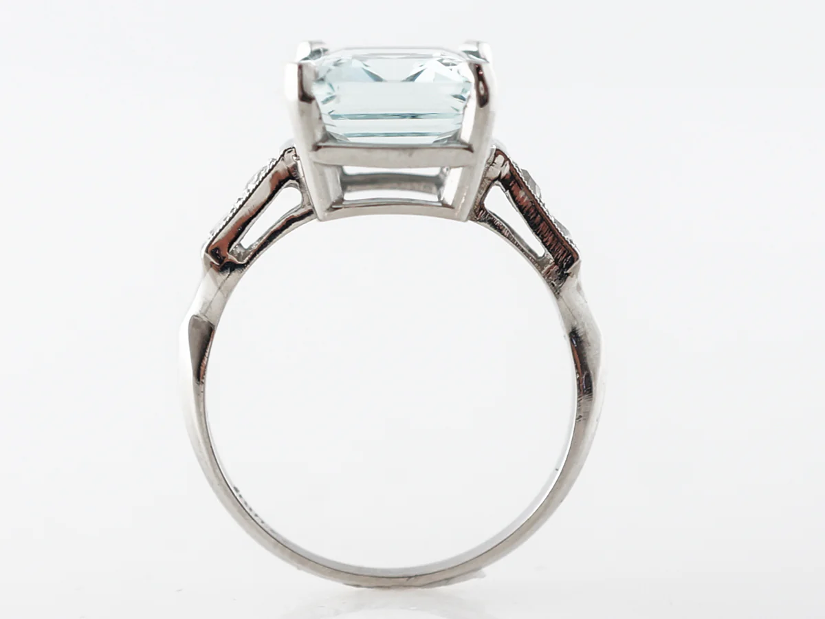 Deco Emerald Cut Aquamarine & Diamond Ring in Platinum - Image 4