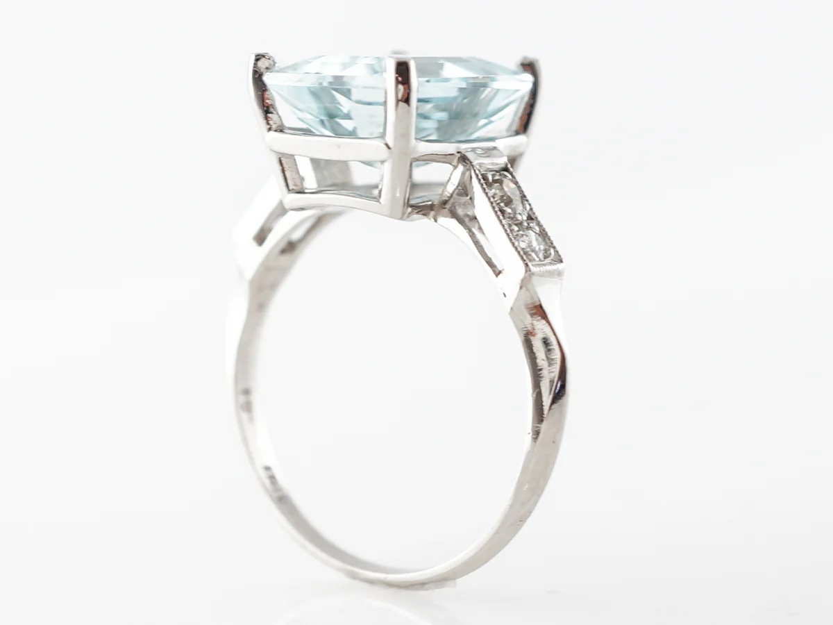 Deco Emerald Cut Aquamarine & Diamond Ring in Platinum - Image 5