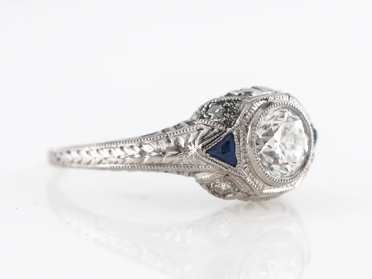 Deco European Cut Diamond Engagement Ring w/ Sapphires - Image 3