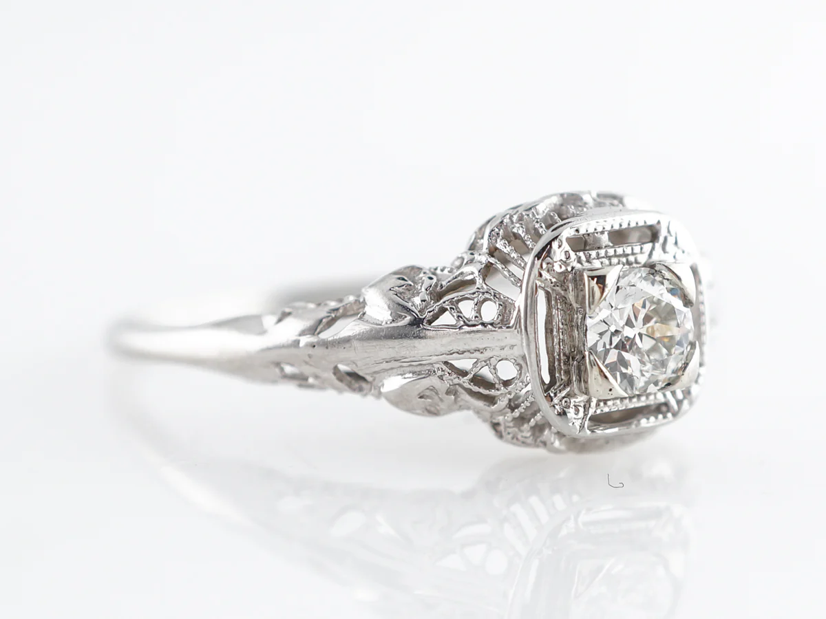 Deco Filigree European Cut Engagement Ring in White Gold - Image 3
