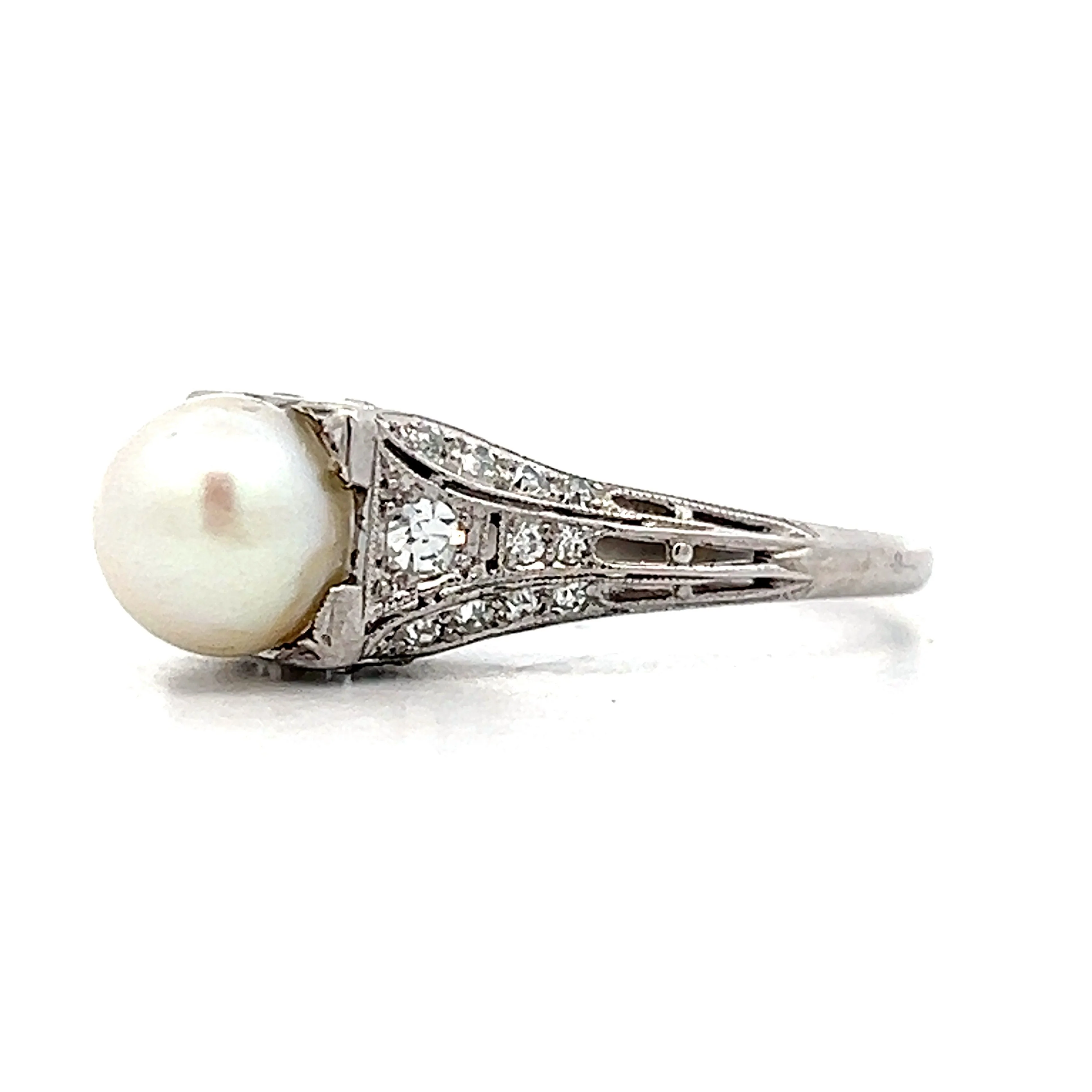 Deco Filigree Pearl & Diamond Cocktail Ring in Platinum - Image 2