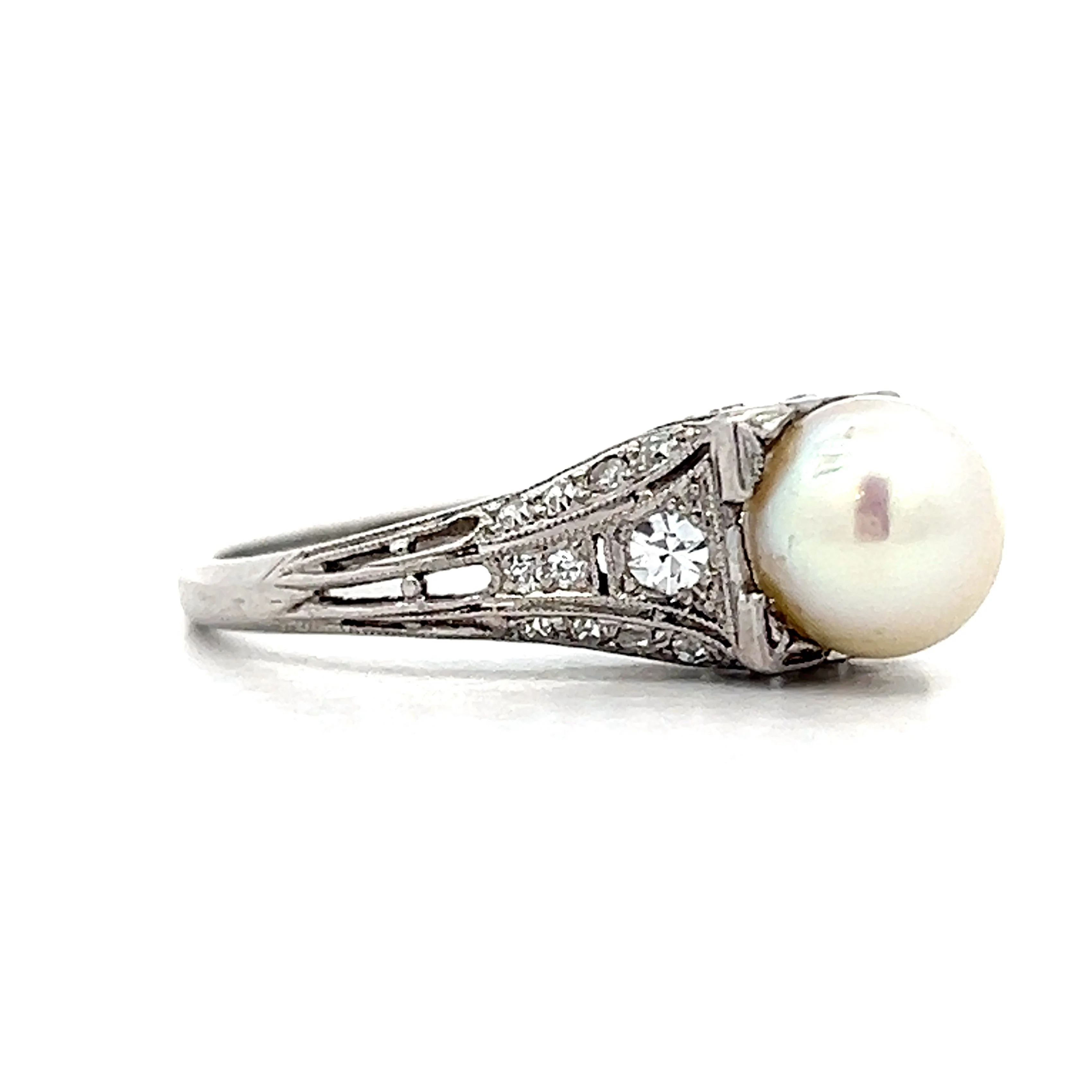 Deco Filigree Pearl & Diamond Cocktail Ring in Platinum - Image 3